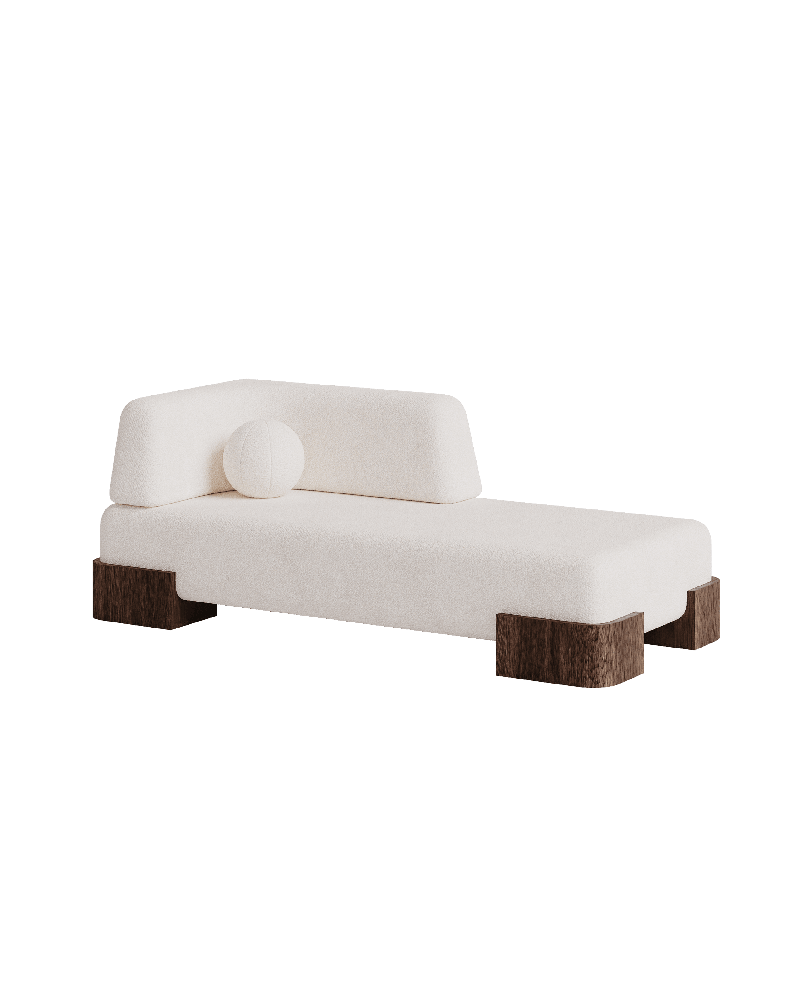 Manhattan Daybed by Girodroux & Delpy - cream textile chaise lounge, four U-shaped dark wood blocks