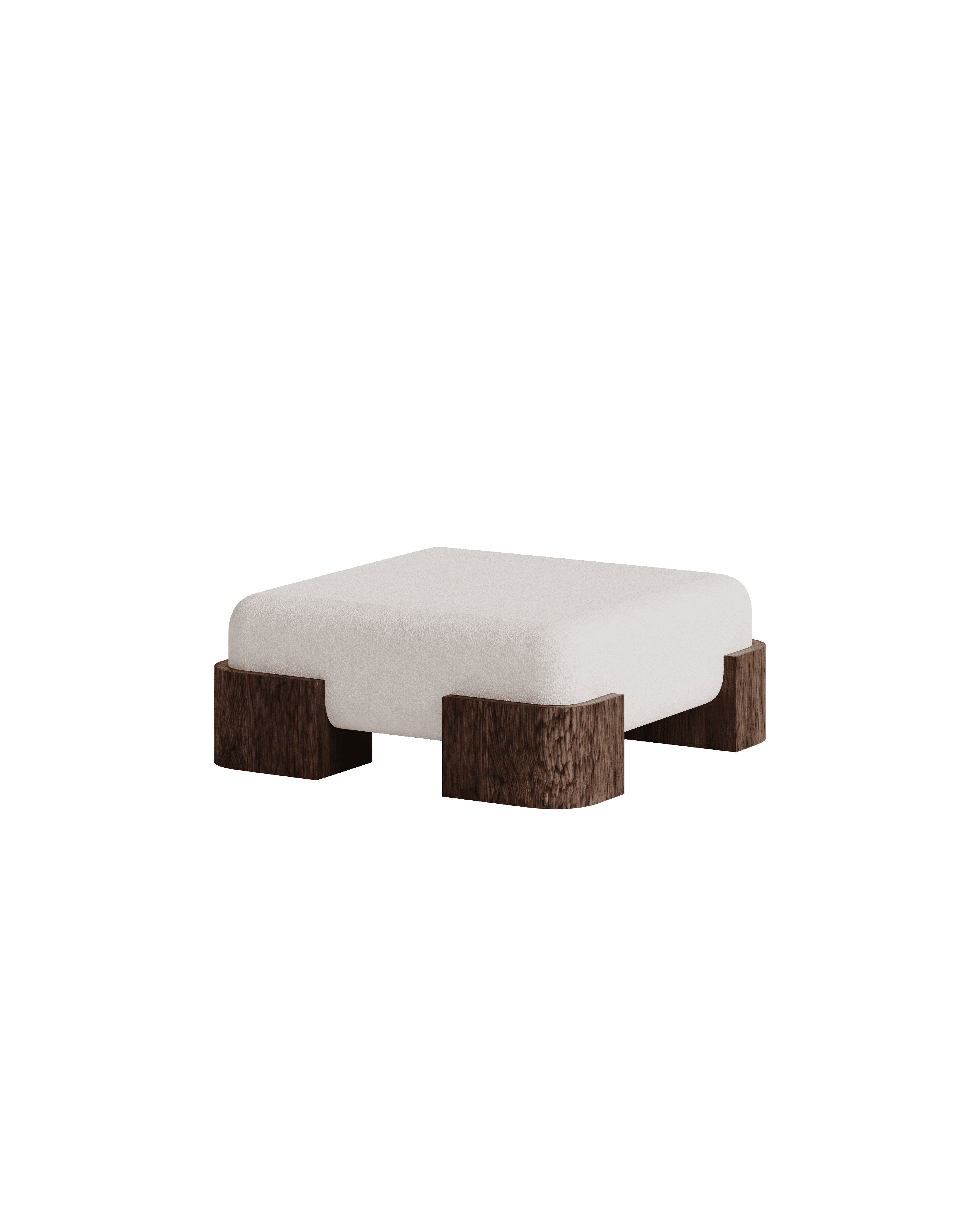 Manhattan Ottoman Four Feet by Girodroux & Delpy - off-white square cushion, four carved dark wood block legs