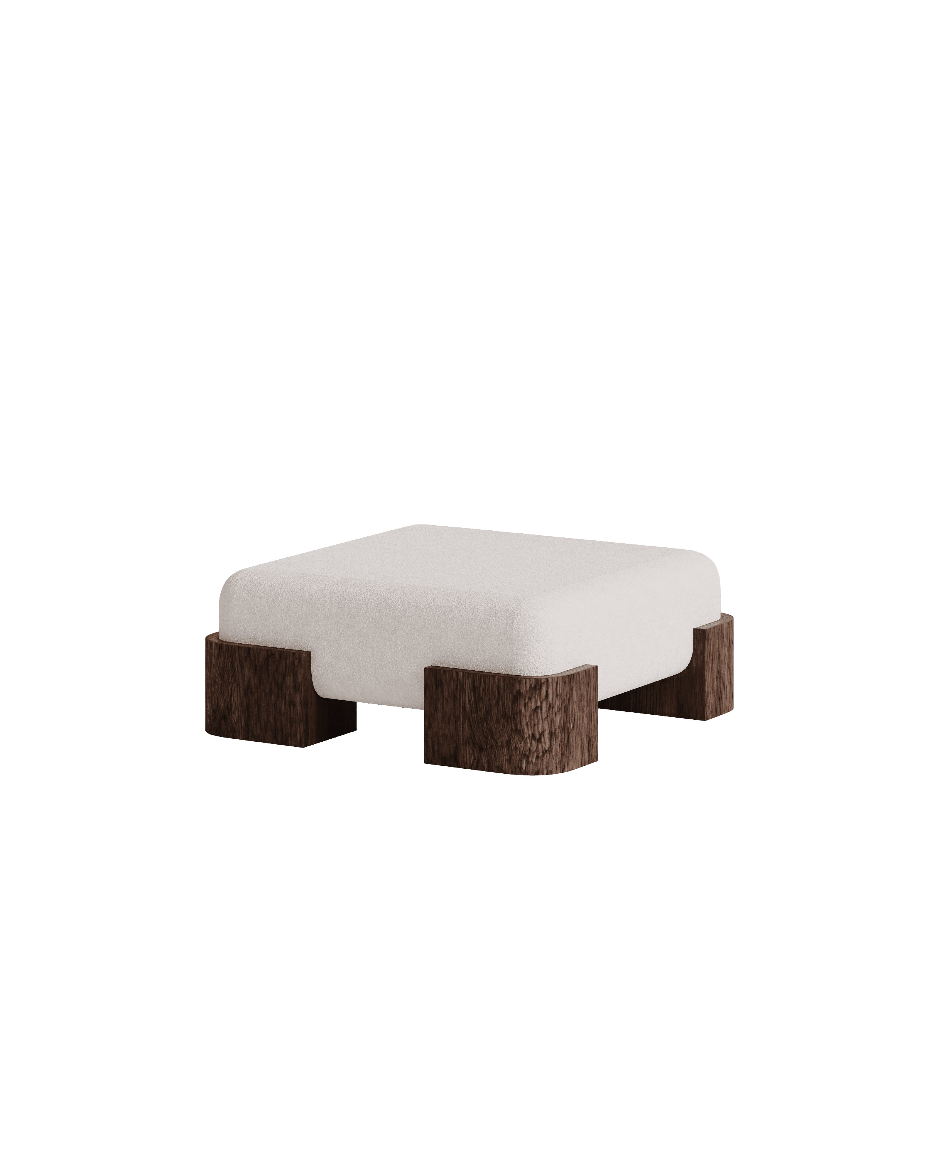 Manhattan Ottoman Four Feet by Girodroux & Delpy - off-white square cushion, four carved dark wood block legs