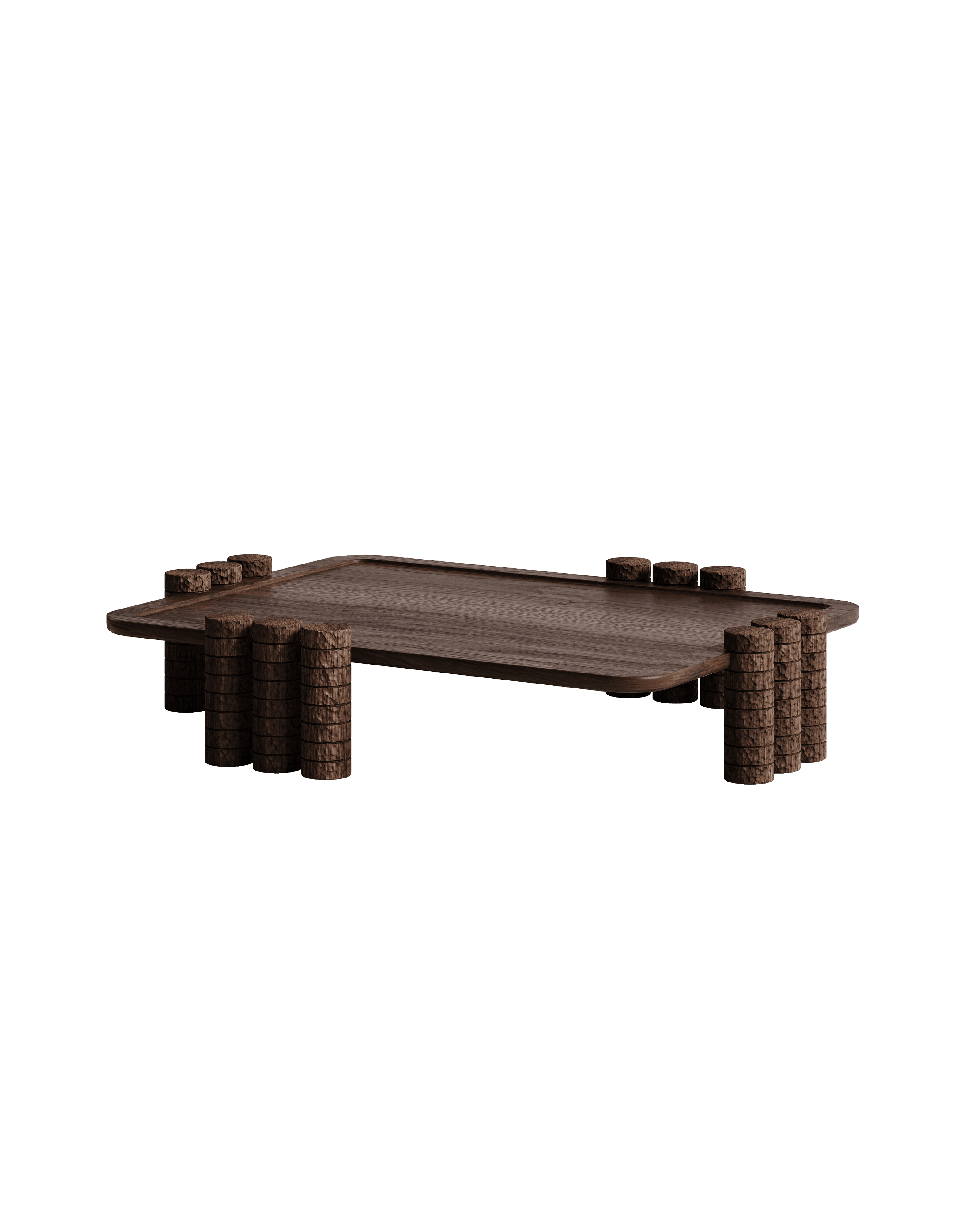 Manhattan Rectangular Coffee Table by Girodroux & Delpy - dark wood, hand-carved stacked cylindrical legs