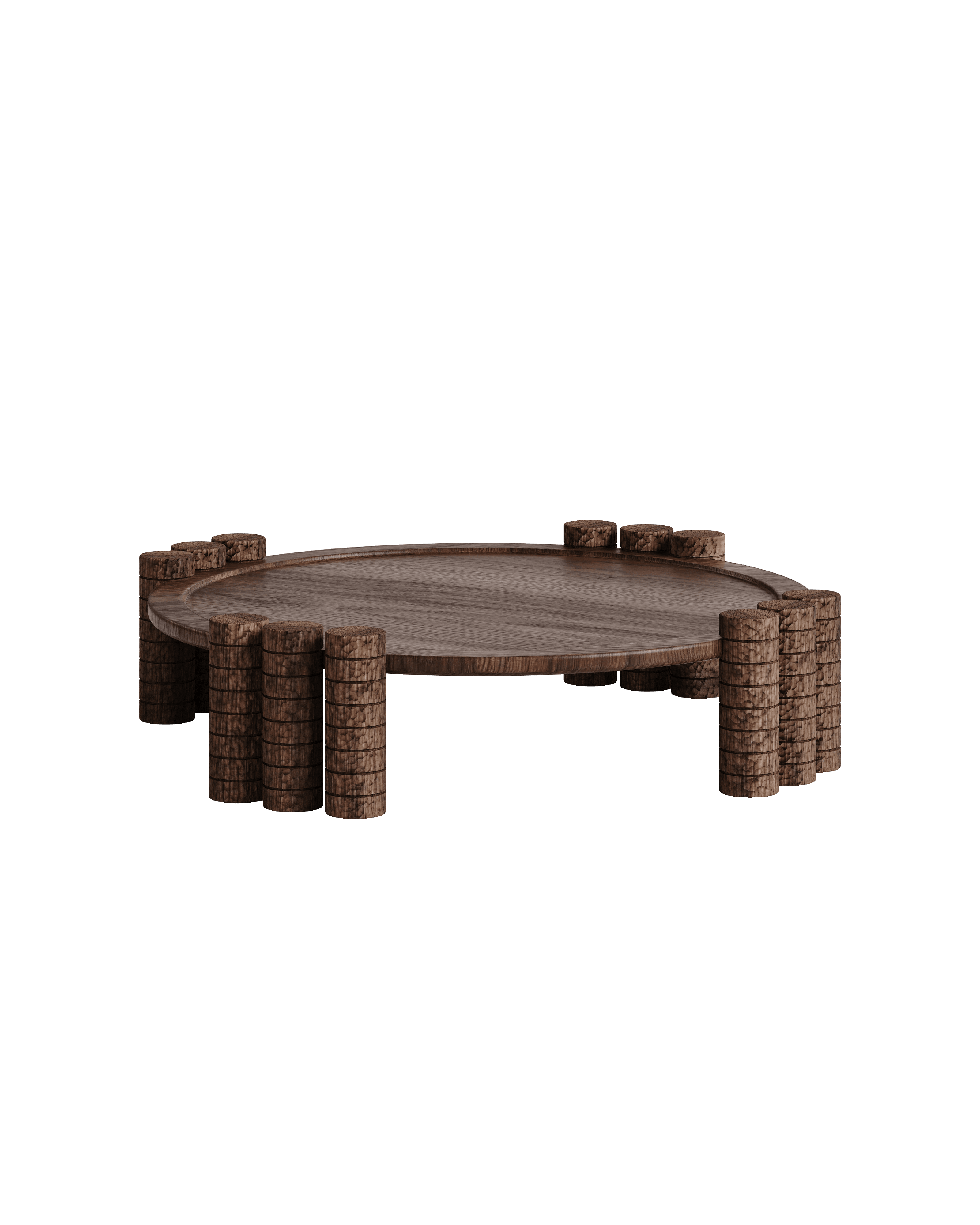 Manhattan Round Coffee Table by Girodroux & Delpy - dark wood, clustered hand-carved cylindrical legs