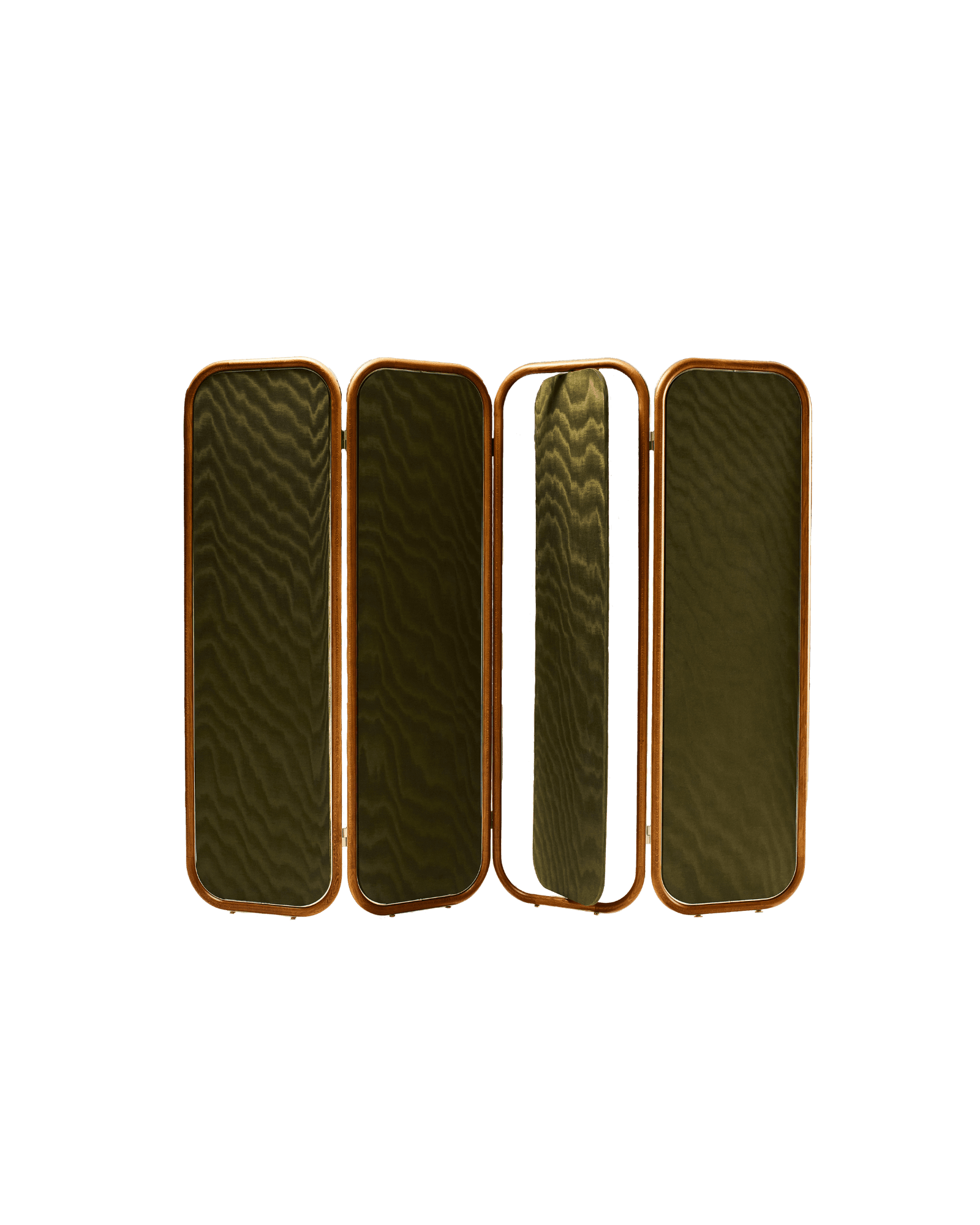 Fabric Screen by Tatjana von Stein - olive-green upholstered panels, oak frame with rounded tops, integrated mirror panel