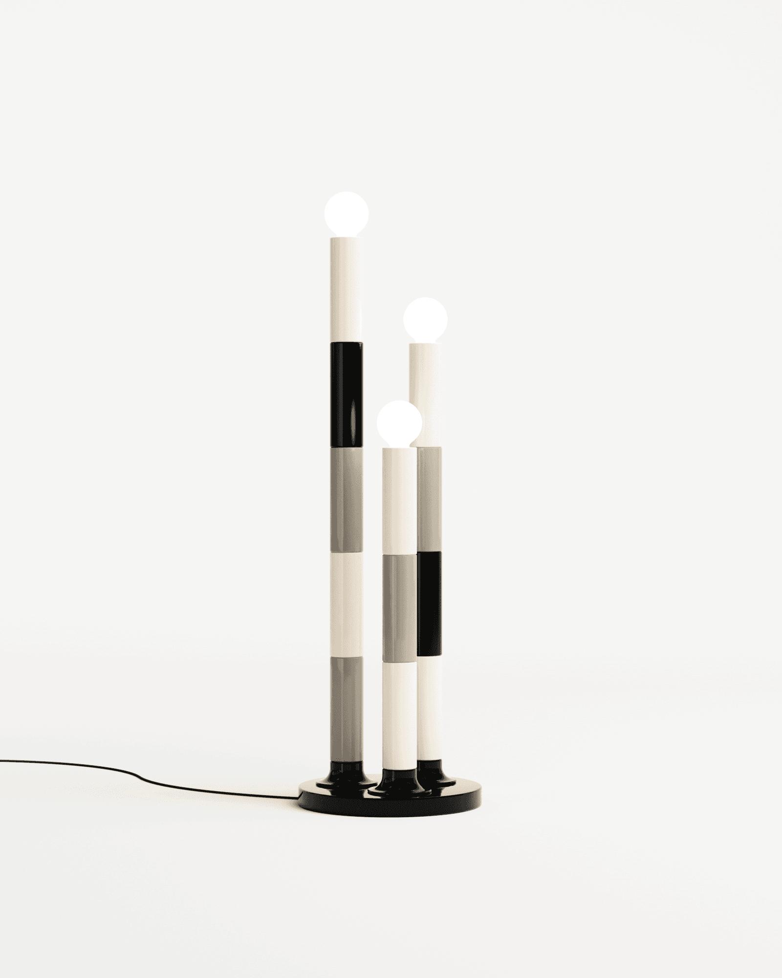 Modern Stripes floor lamp Boston by Adélie Ducasse – three ceramic columns with spherical bulbs, sculptural black and grey