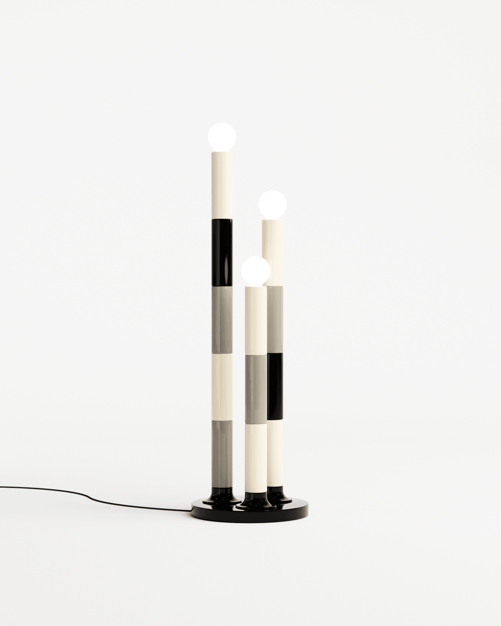 Modern Stripes floor lamp Boston by Adélie Ducasse – three ceramic columns with spherical bulbs, sculptural black and grey
