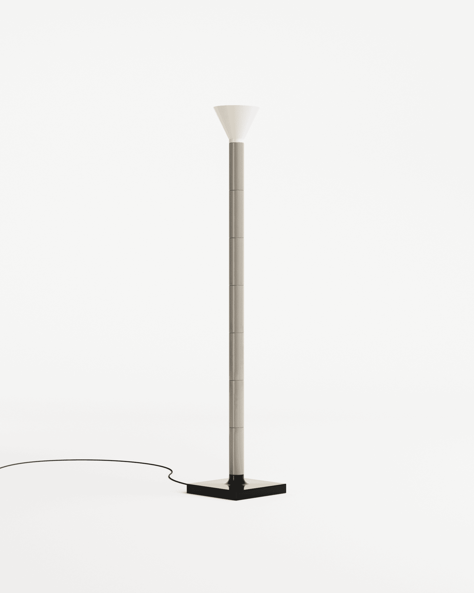Modern Stripes floor lamp Montauk by Adélie Ducasse – segmented ceramic pole, inverted cone shade, geometric black and grey