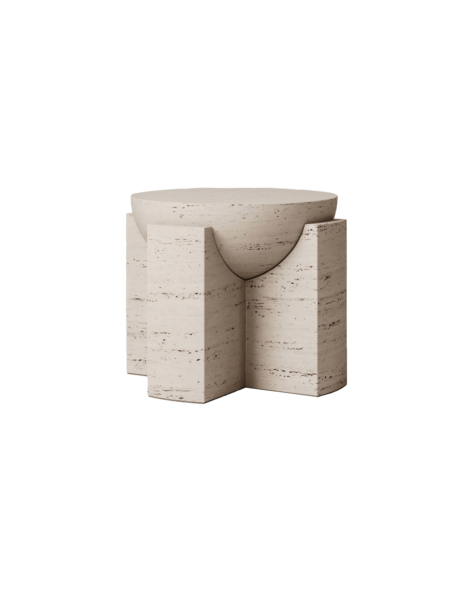 M_002 travertine side table by Monolith - circular top on cross-shaped base with carved semicircular voids
