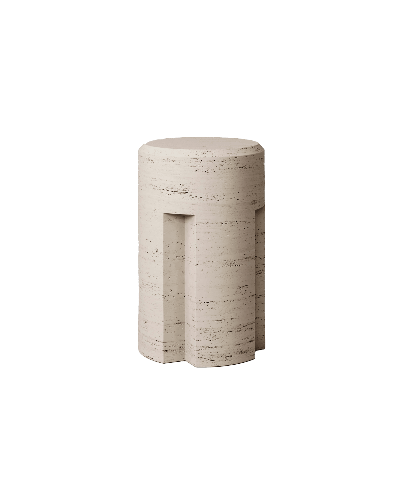 M_003 travertine counter stool by Monolith - cylindrical stone form with three carved rectangular cutouts