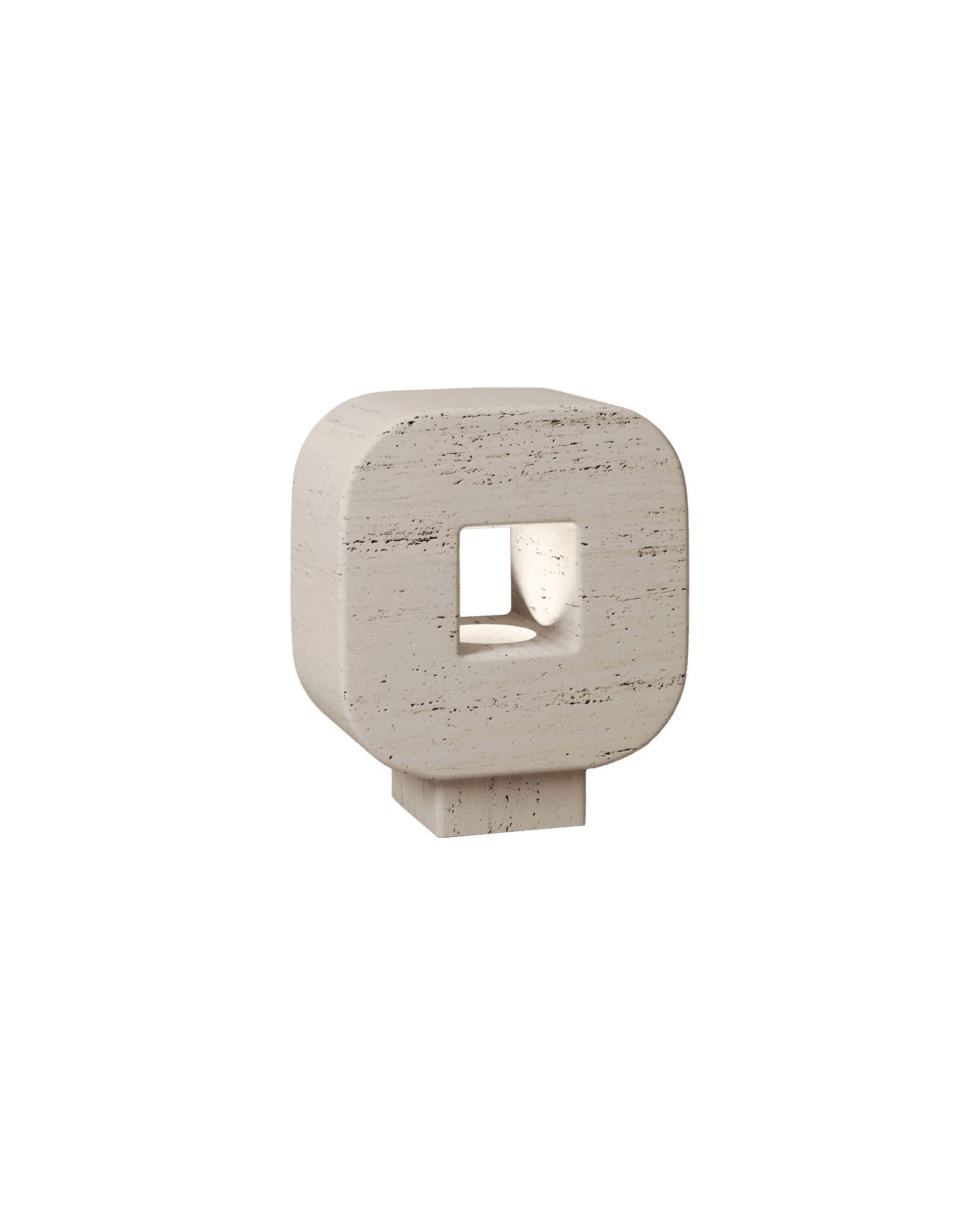 M_004 travertine block lamp by Monolith, squarish stone form with square cutout revealing warm internal light