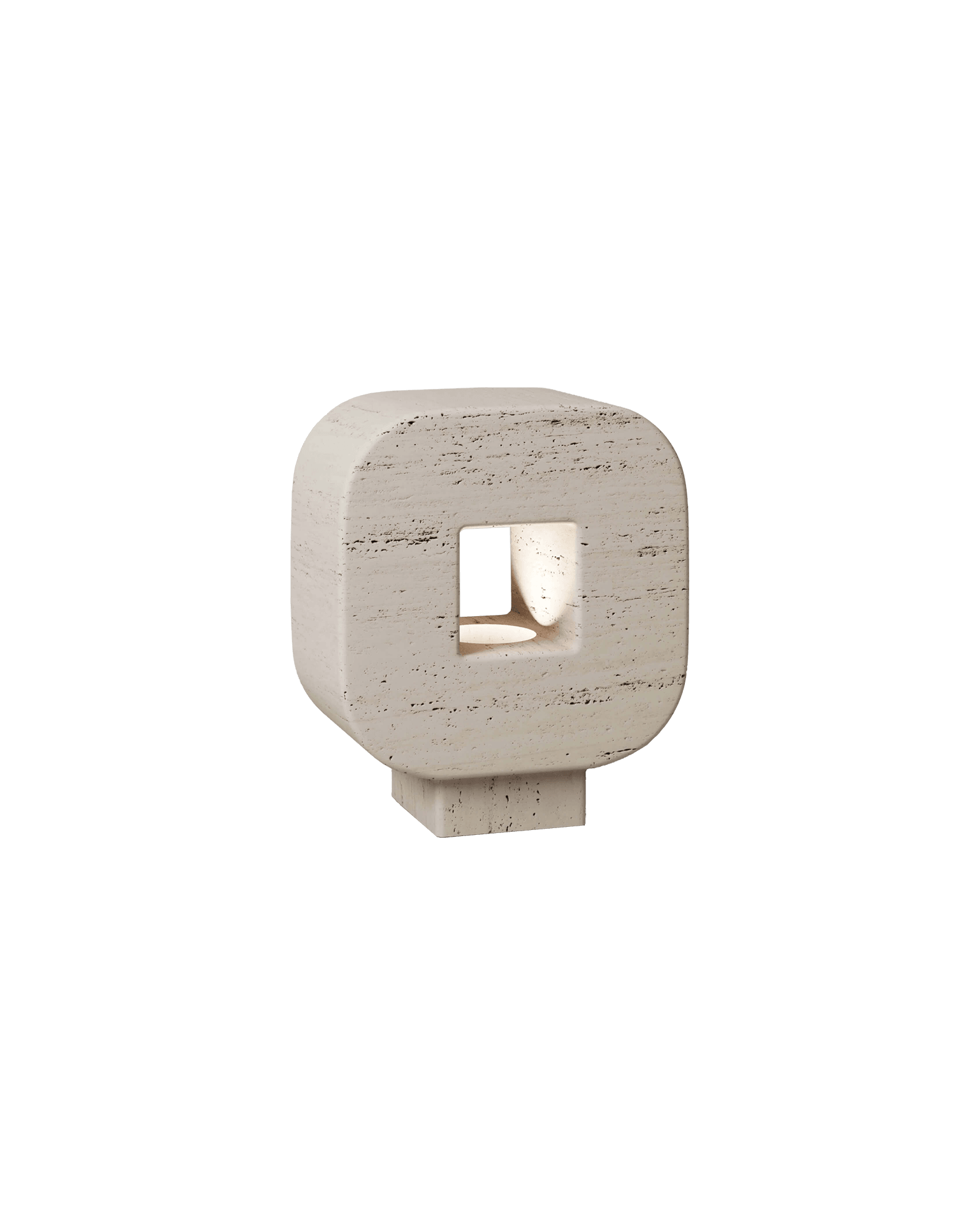 M_004 travertine block lamp by Monolith, squarish stone form with square cutout revealing warm internal light