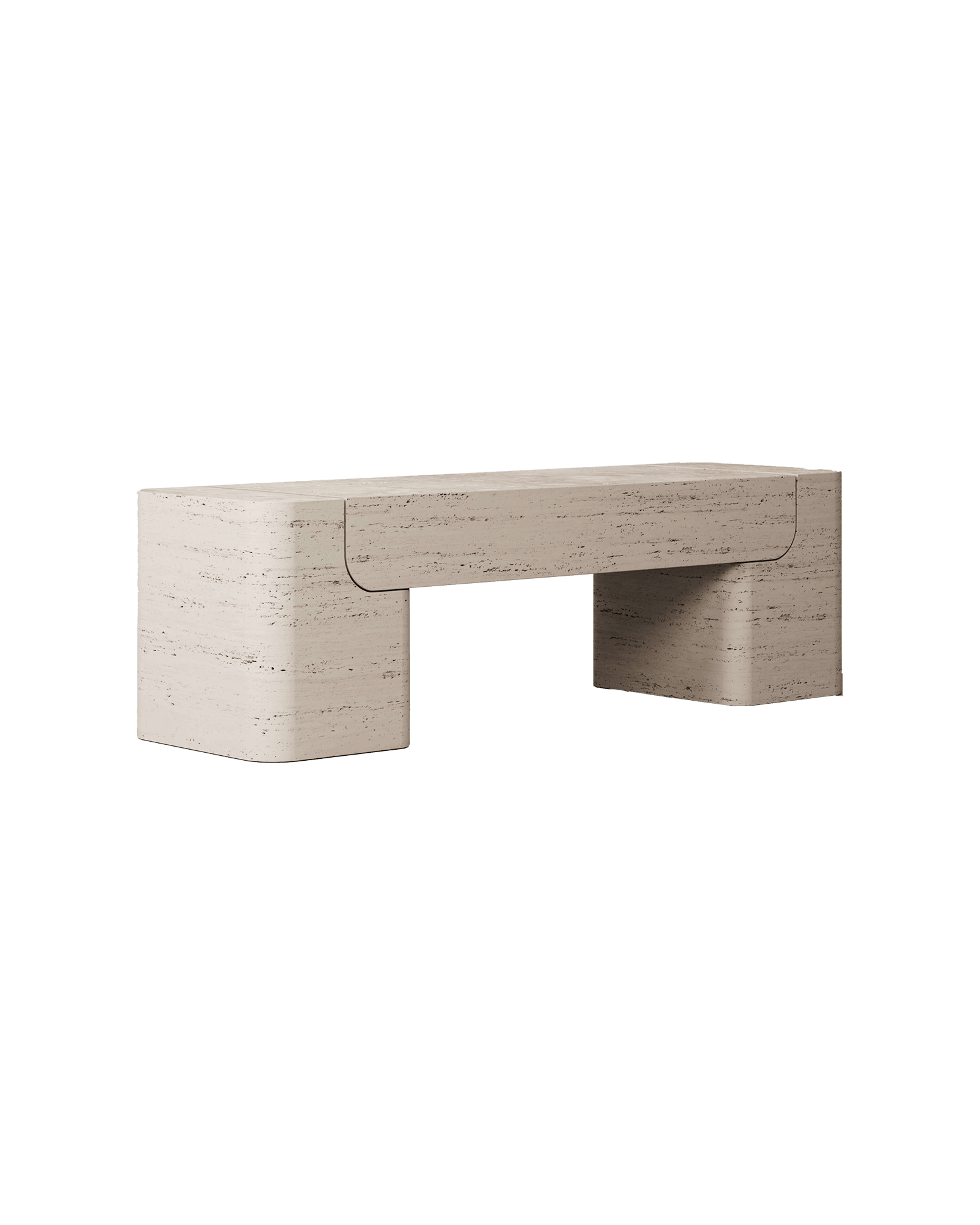 M_005 travertine bench by Monolith, monolithic form with rounded block supports, minimalist brutalist stone seating