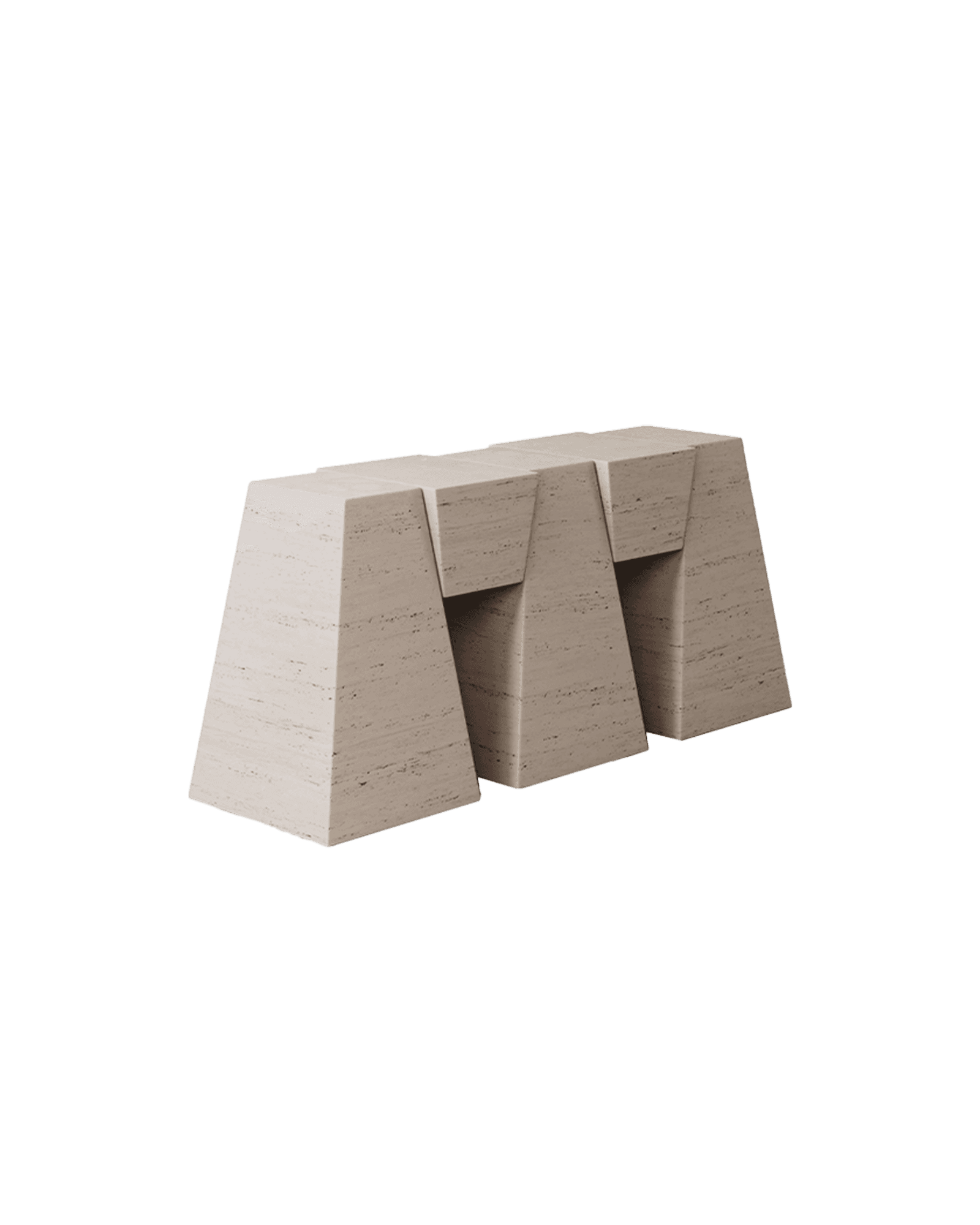 M_006 travertine console by Monolith - low form with three trapezoidal block supports and open voids