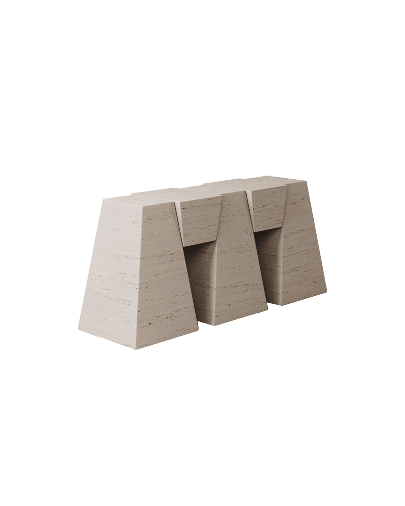 M_006 travertine console by Monolith - low form with three trapezoidal block supports and open voids
