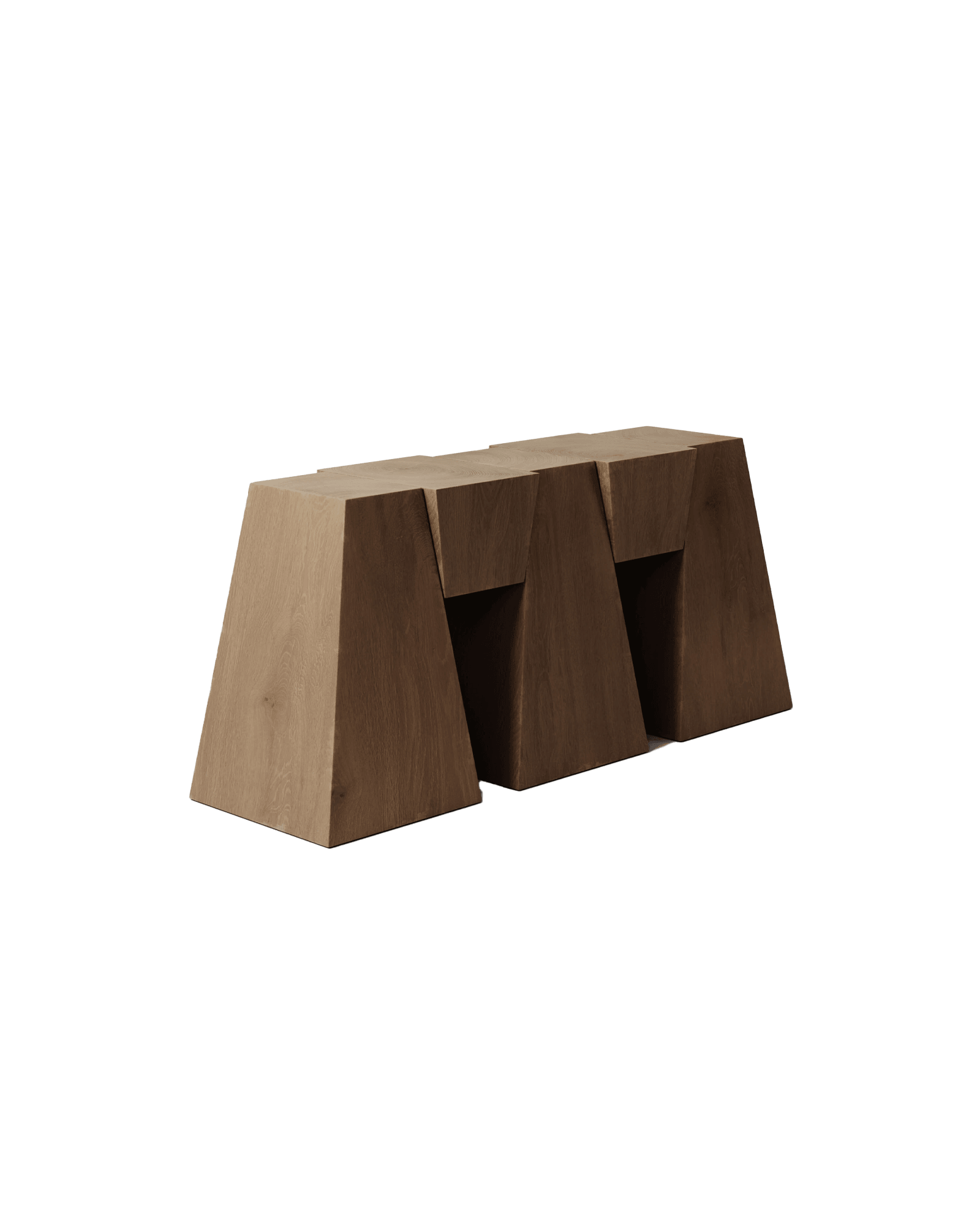 M_006 white oak console by Monolith, inverted trapezoidal supports with rhythmic open voids beneath flat top