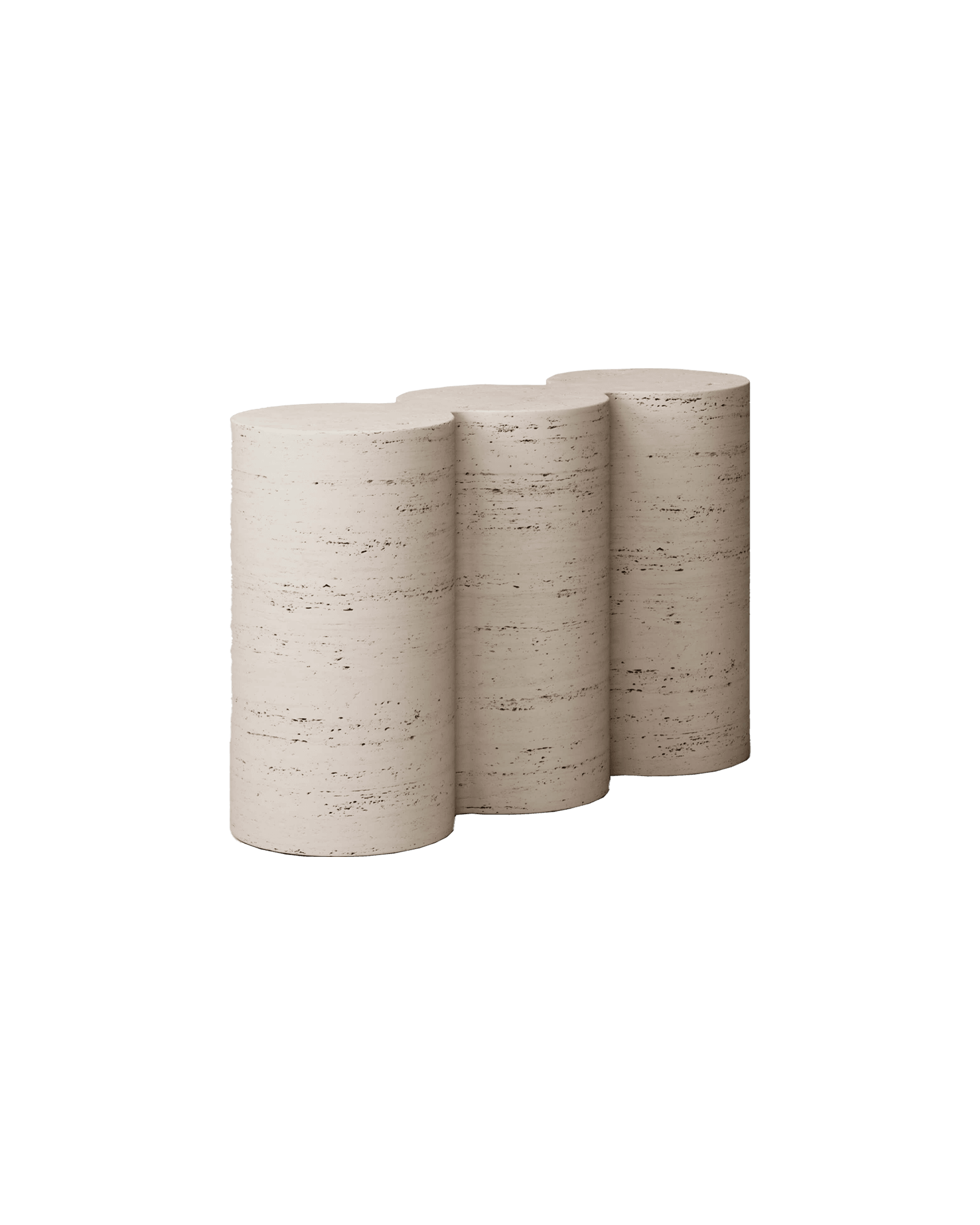 M_008 travertine console by Monolith - three conjoined cylindrical stone pillars of varying heights