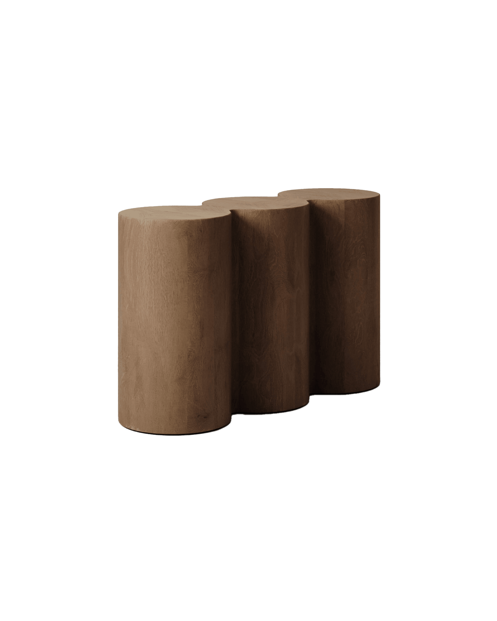 M_008 white oak console by Monolith, three conjoined rounded cylindrical forms, organic brutalist wood design