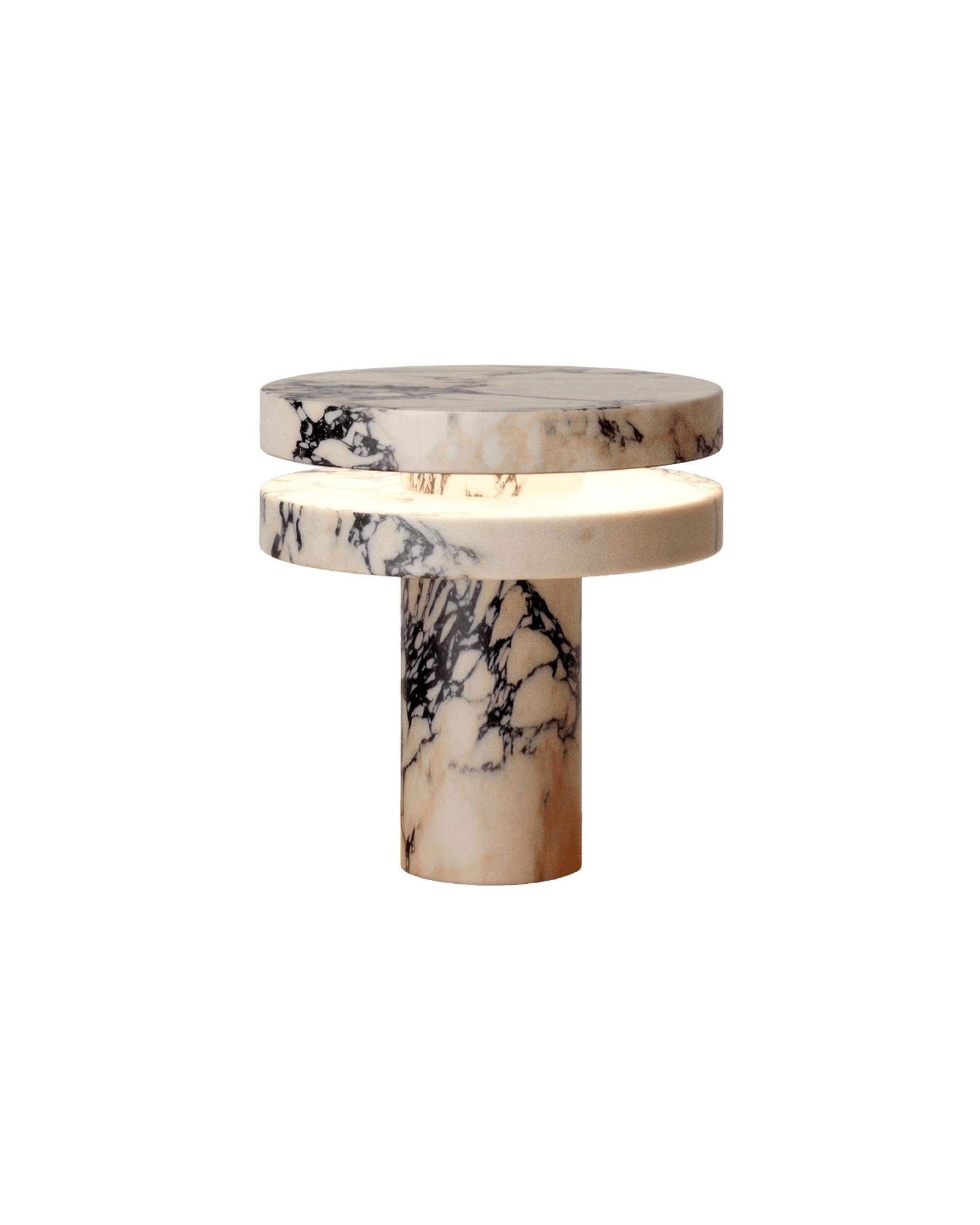M_014 marble lamp by Monolith - cylindrical Calacatta base with offset illuminated disks, warm glow