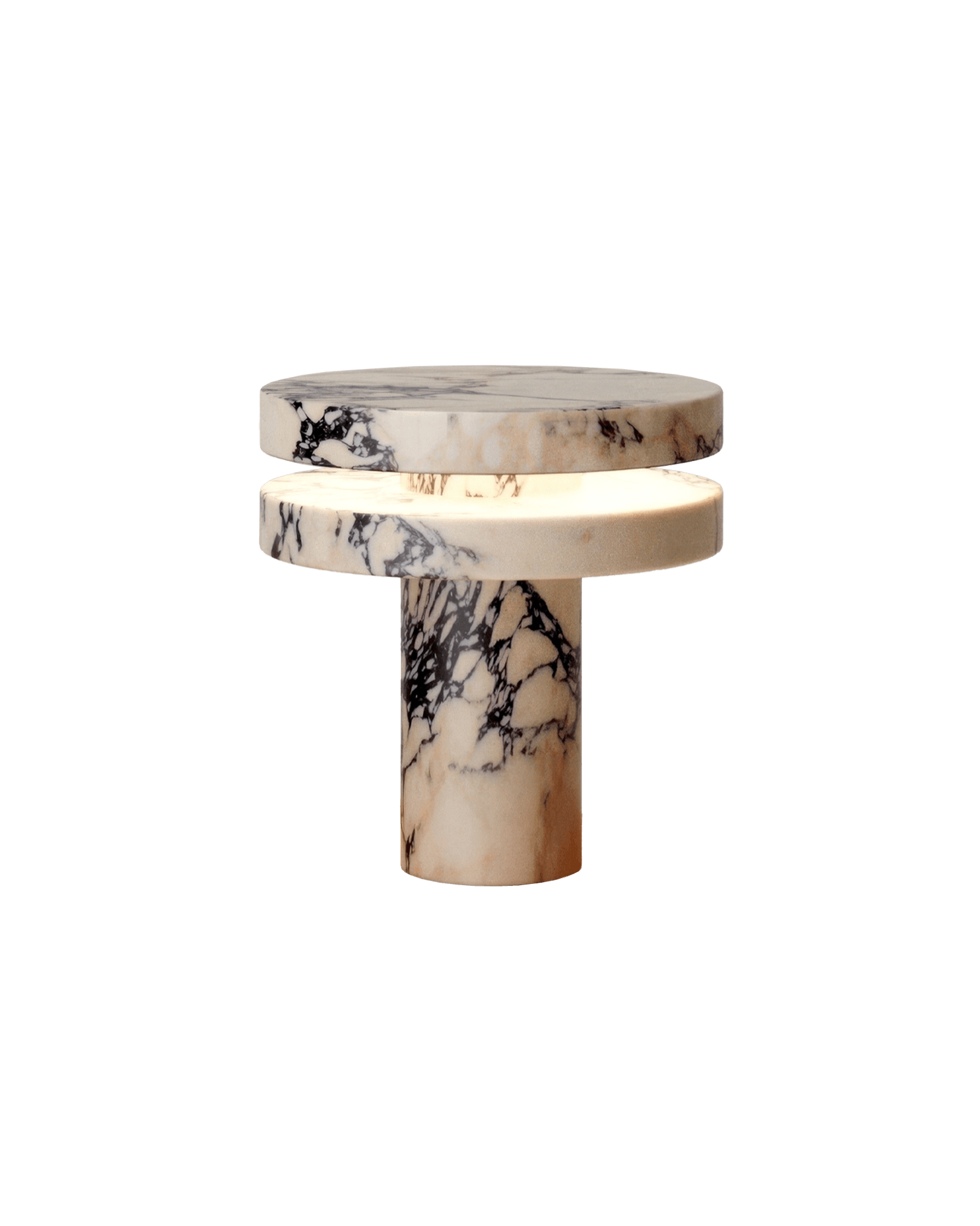 M_014 marble lamp by Monolith - cylindrical Calacatta base with offset illuminated disks, warm glow