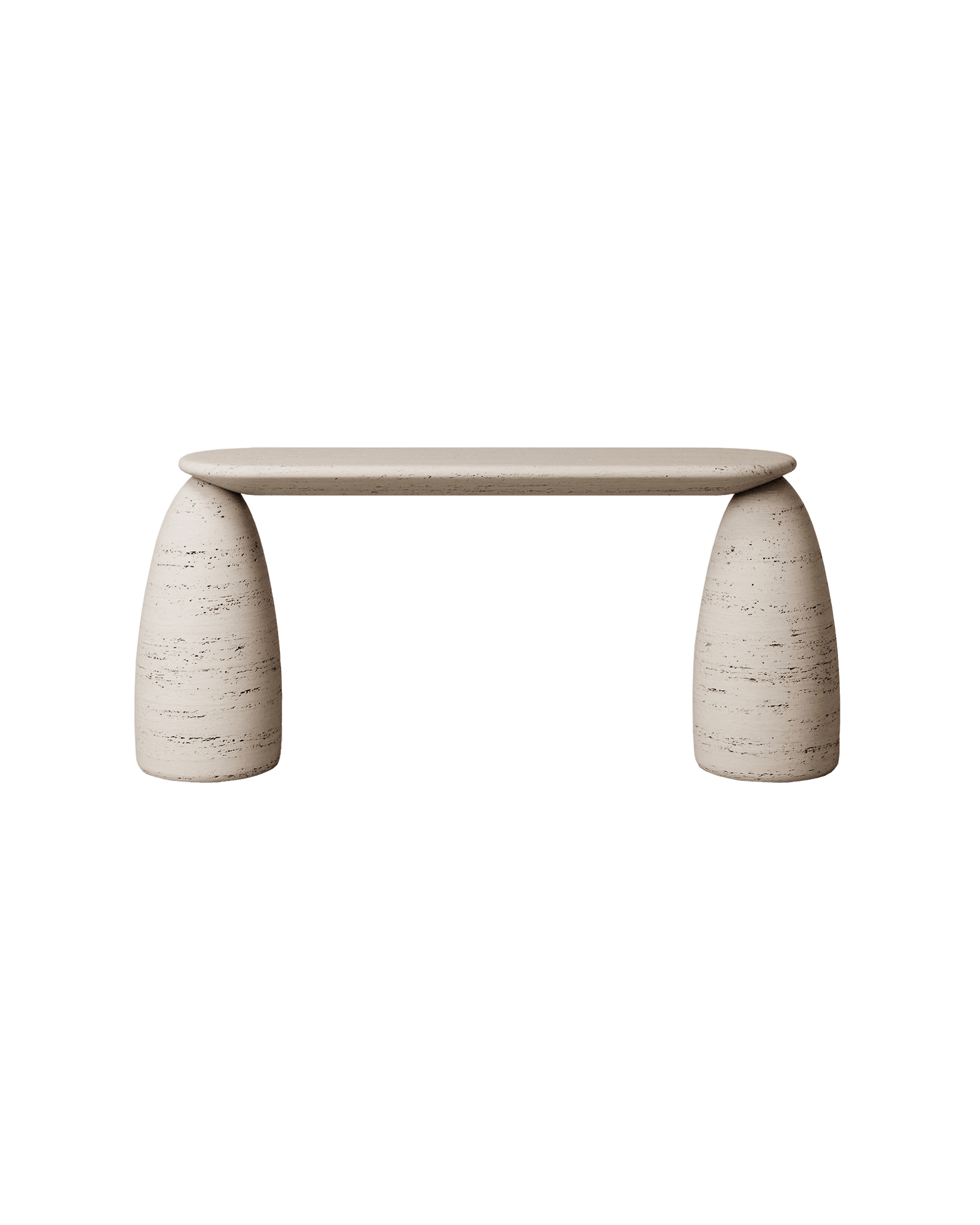 M_017 travertine console by Monolith - oval top resting on two conical stone bases, minimalist brutalist design