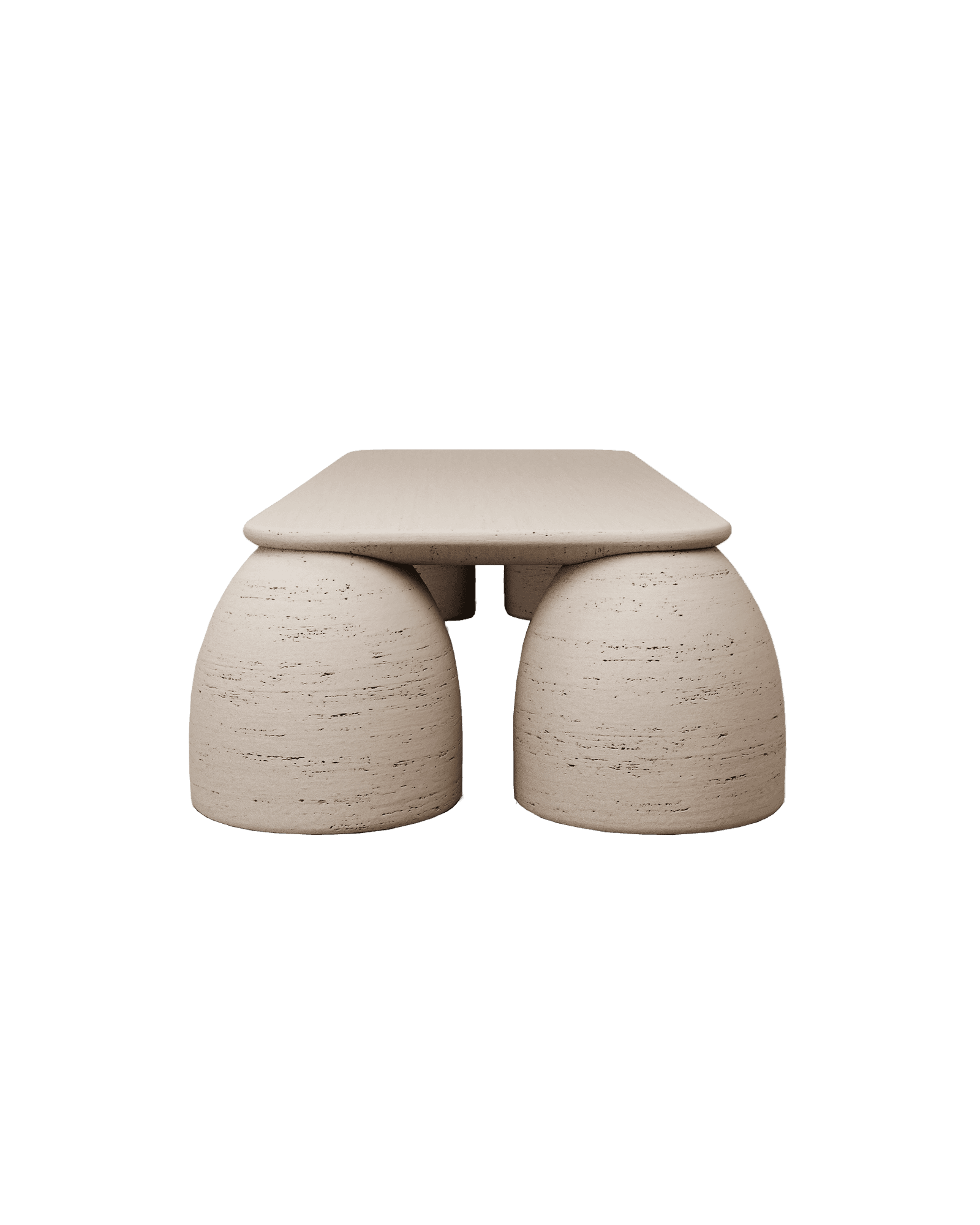 M_018 travertine dining table by Monolith, rectangular top on four substantial bell-shaped stone legs