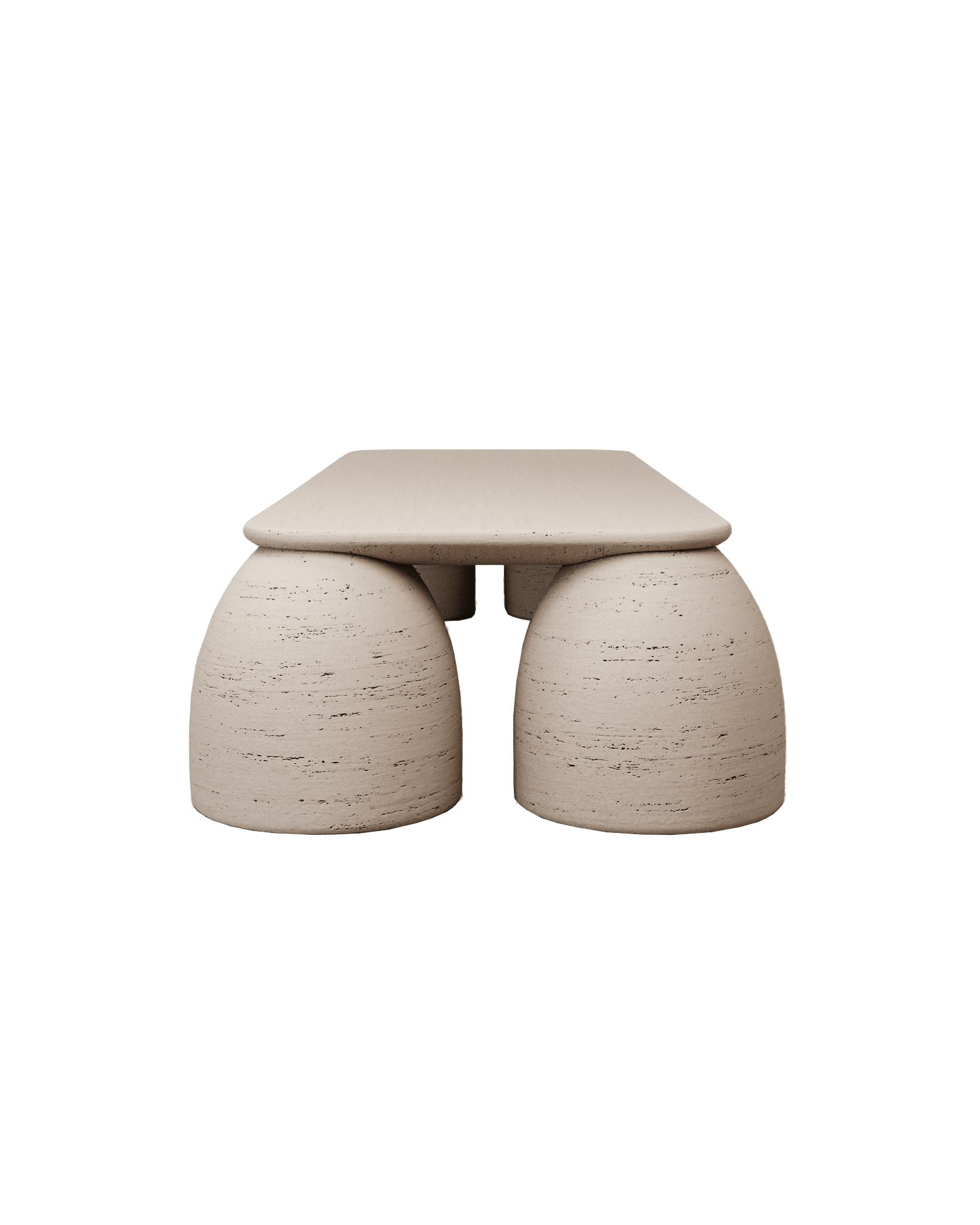 M_018 travertine dining table by Monolith, rectangular top on four substantial bell-shaped stone legs