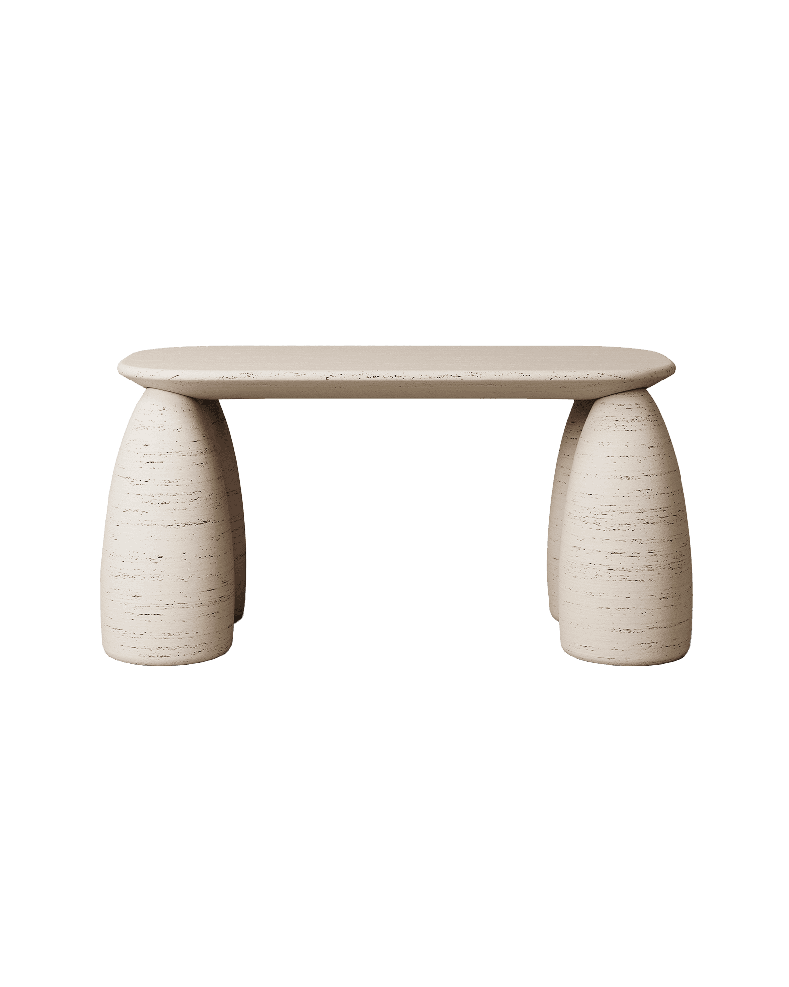 M_19 travertine desk by Monolith - rectangular stone slab top on two conical legs, brutalist design