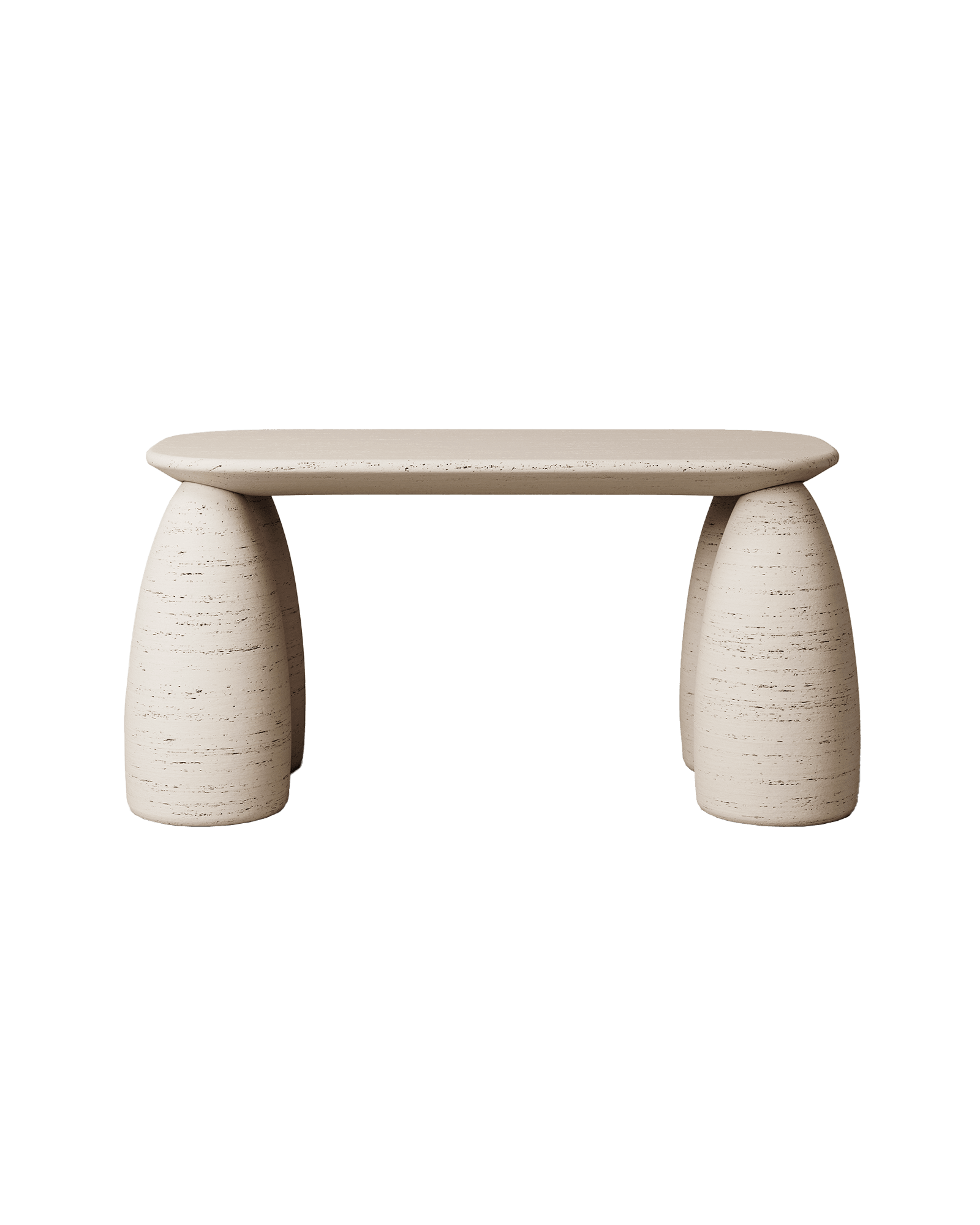 M_19 travertine desk by Monolith - rectangular stone slab top on two conical legs, brutalist design