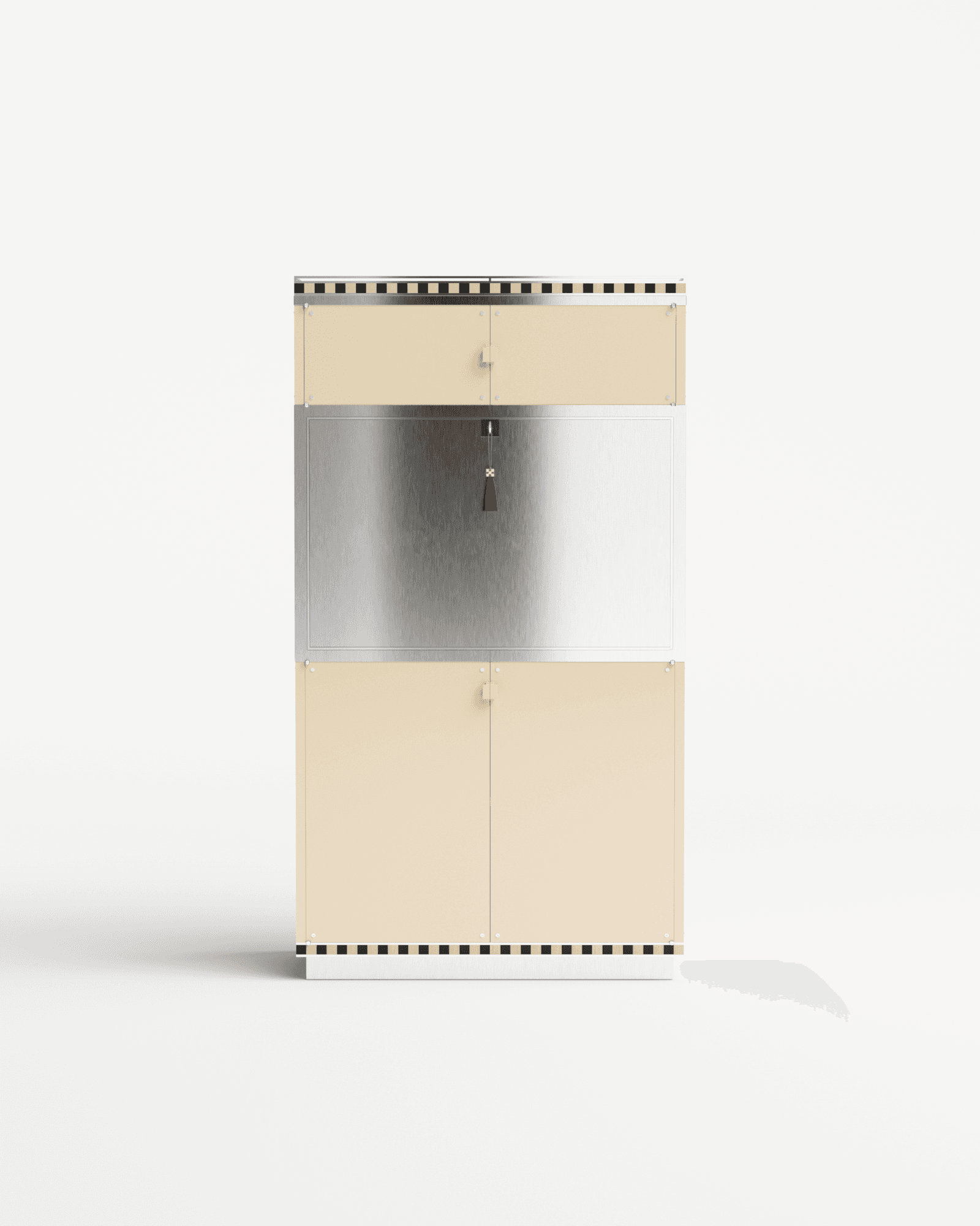 Aino Cabinet by Necchi Architecture – beige wood panels, brushed steel centre section, orange tassel accent
