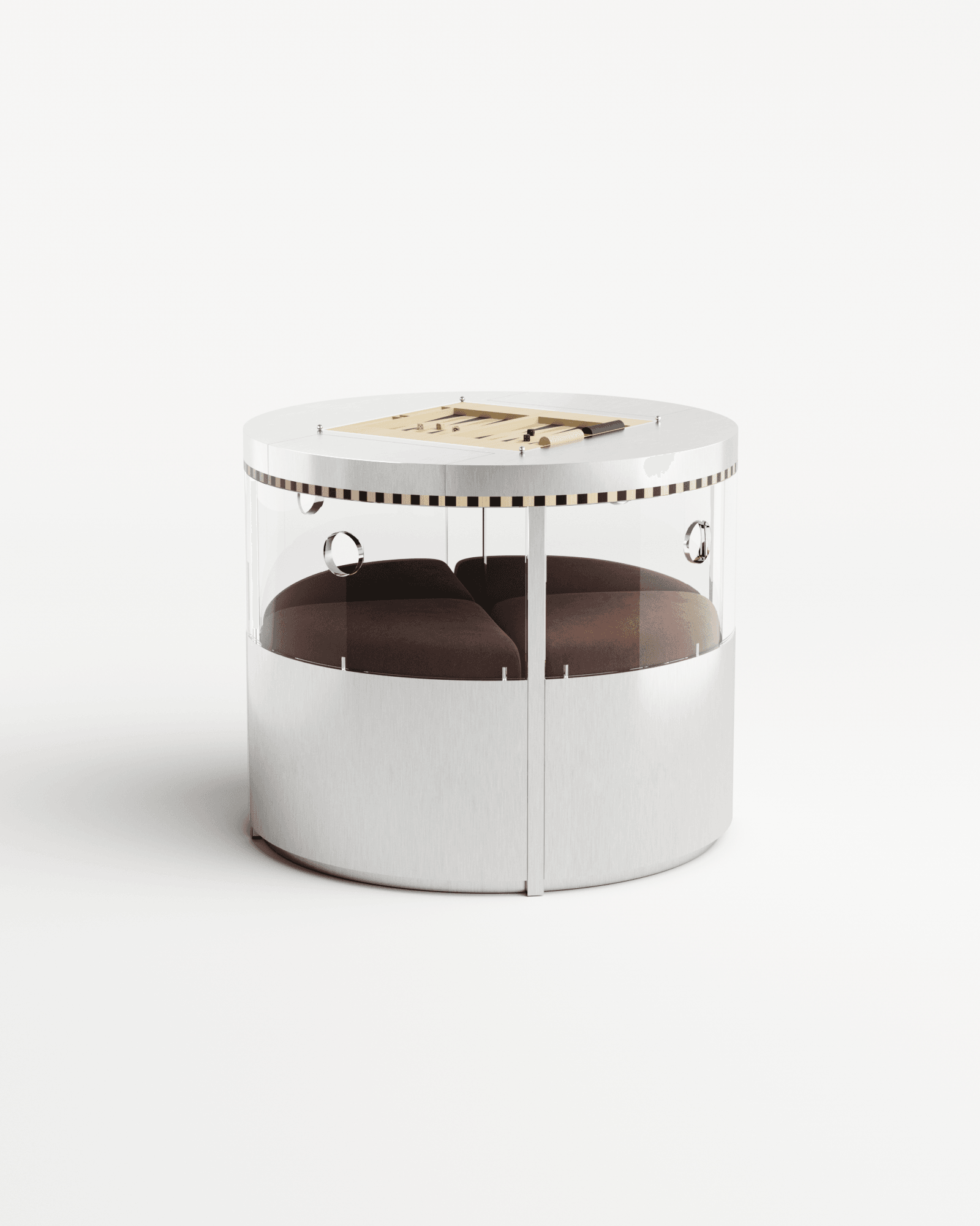Madeleine Games Table by Necchi Architecture – stainless steel, backgammon board inlay, integrated seating