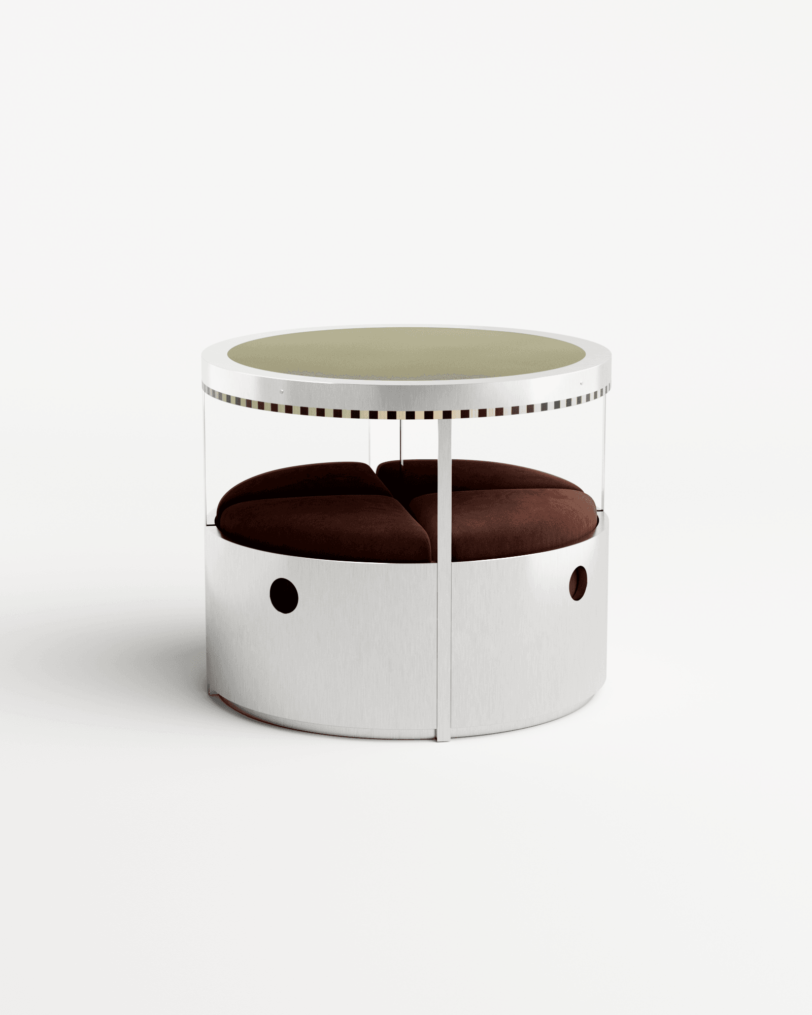 Brushed Stainless Steel Madeleine Table by Necchi Architecture – cylindrical table with integrated seating, olive green top