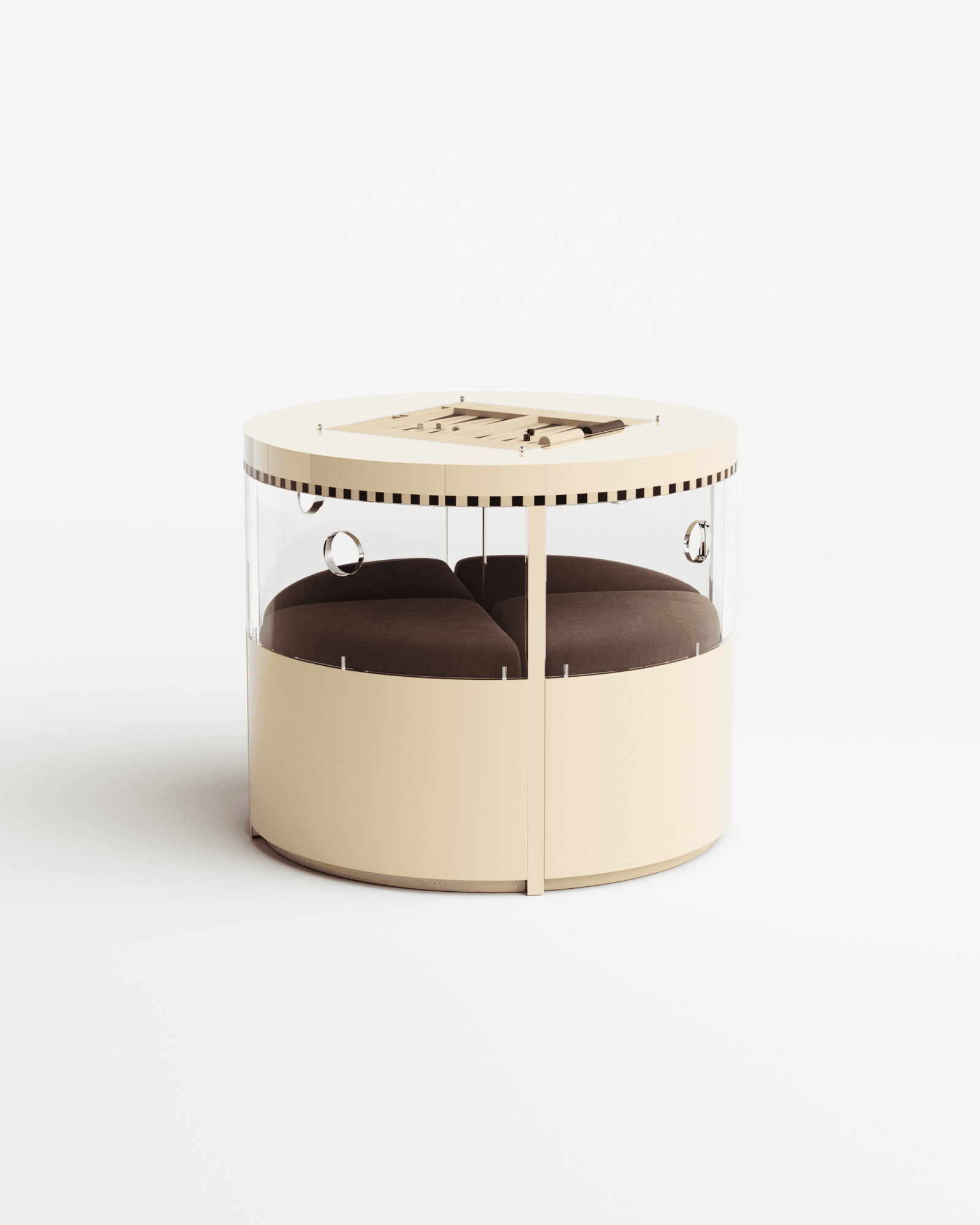 Lacquered Madeleine Games Table by Necchi Architecture – ivory lacquer, black and white striped band, integrated seating