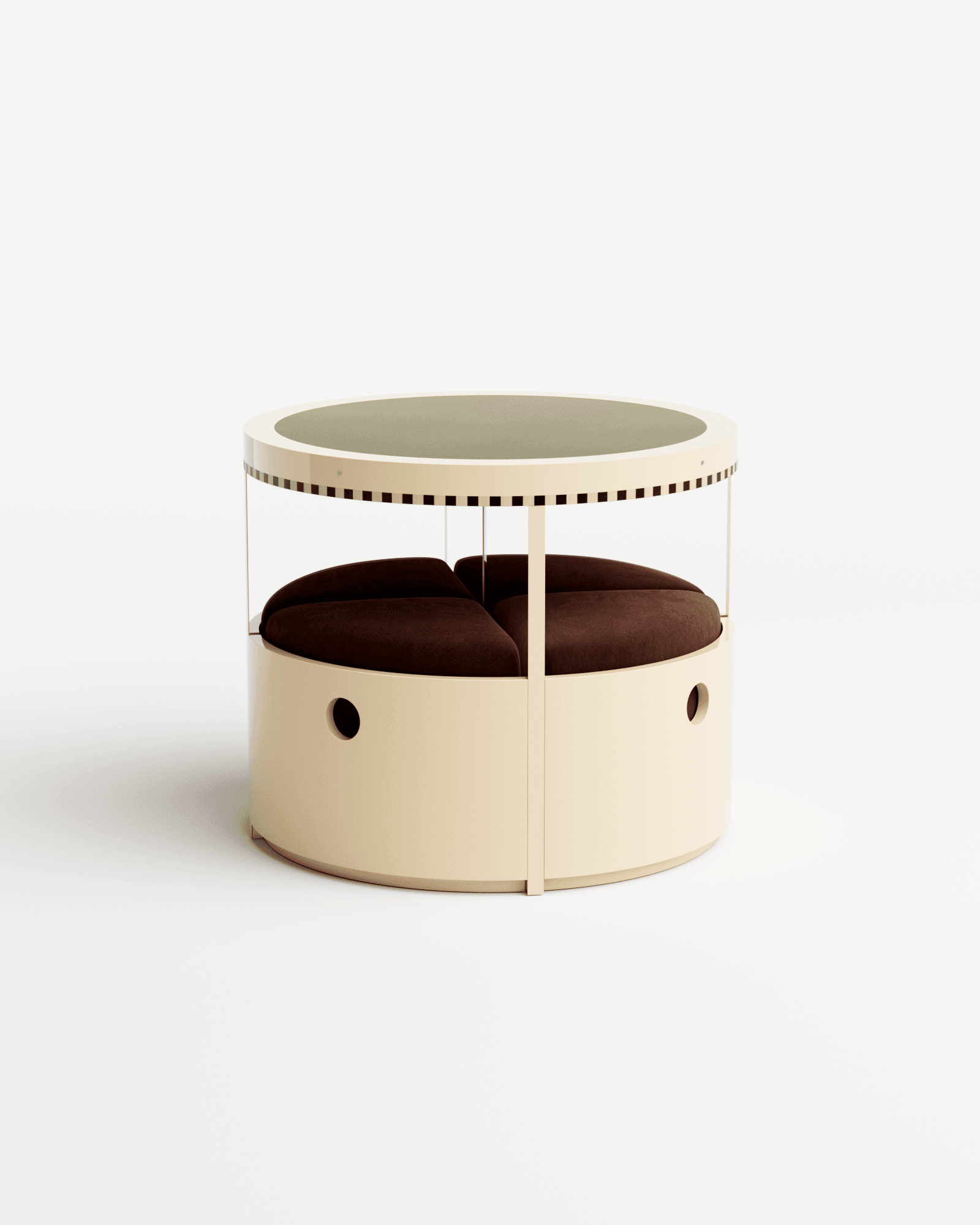 Lacquered Madeleine Table by Necchi Architecture – ivory lacquer, green tabletop, 4 integrated textile seats, checkered band