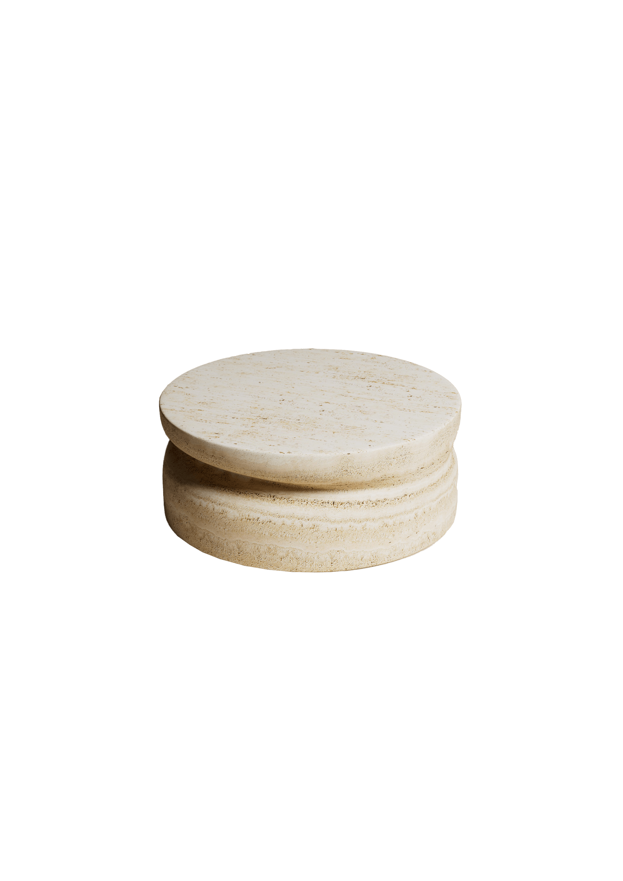 Round travertine coffee table, two-disc form, Nubo collection by Mathieu Delacroix
