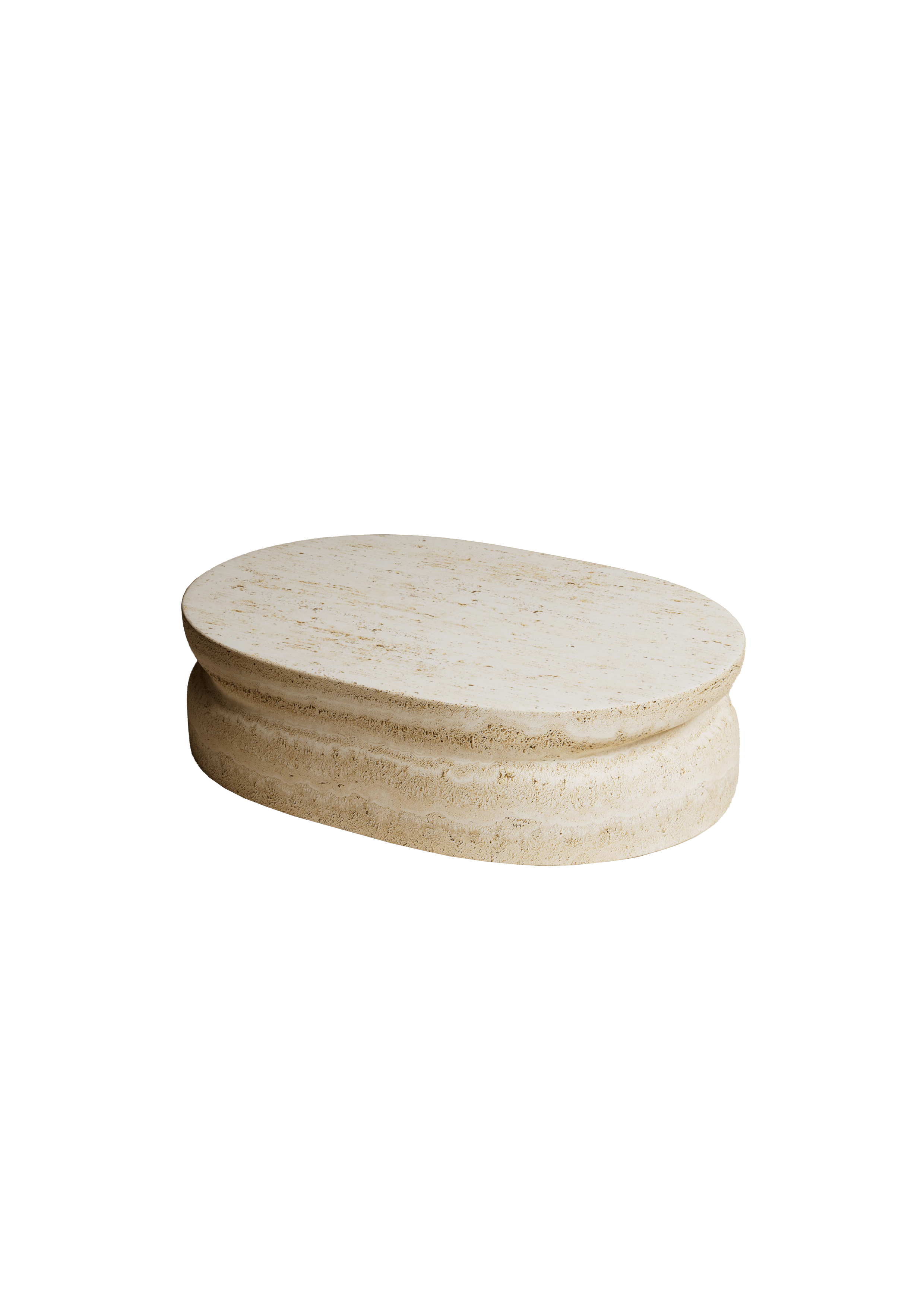 Oval travertine coffee table with two-tiered sculptural base, Nubo collection by Mathieu Delacroix