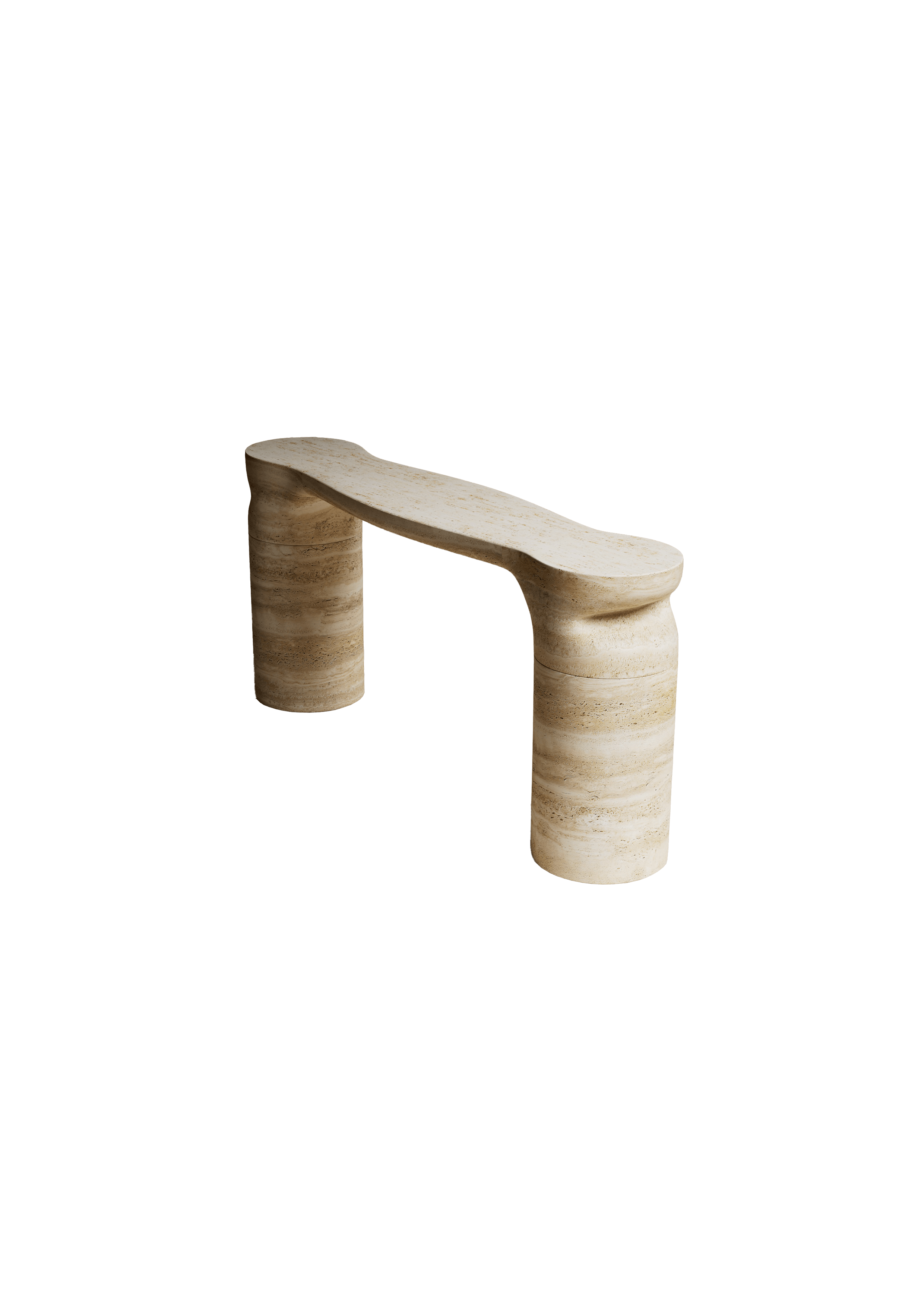 Large travertine console with undulating top and cylindrical bases, Nubo by Mathieu Delacroix