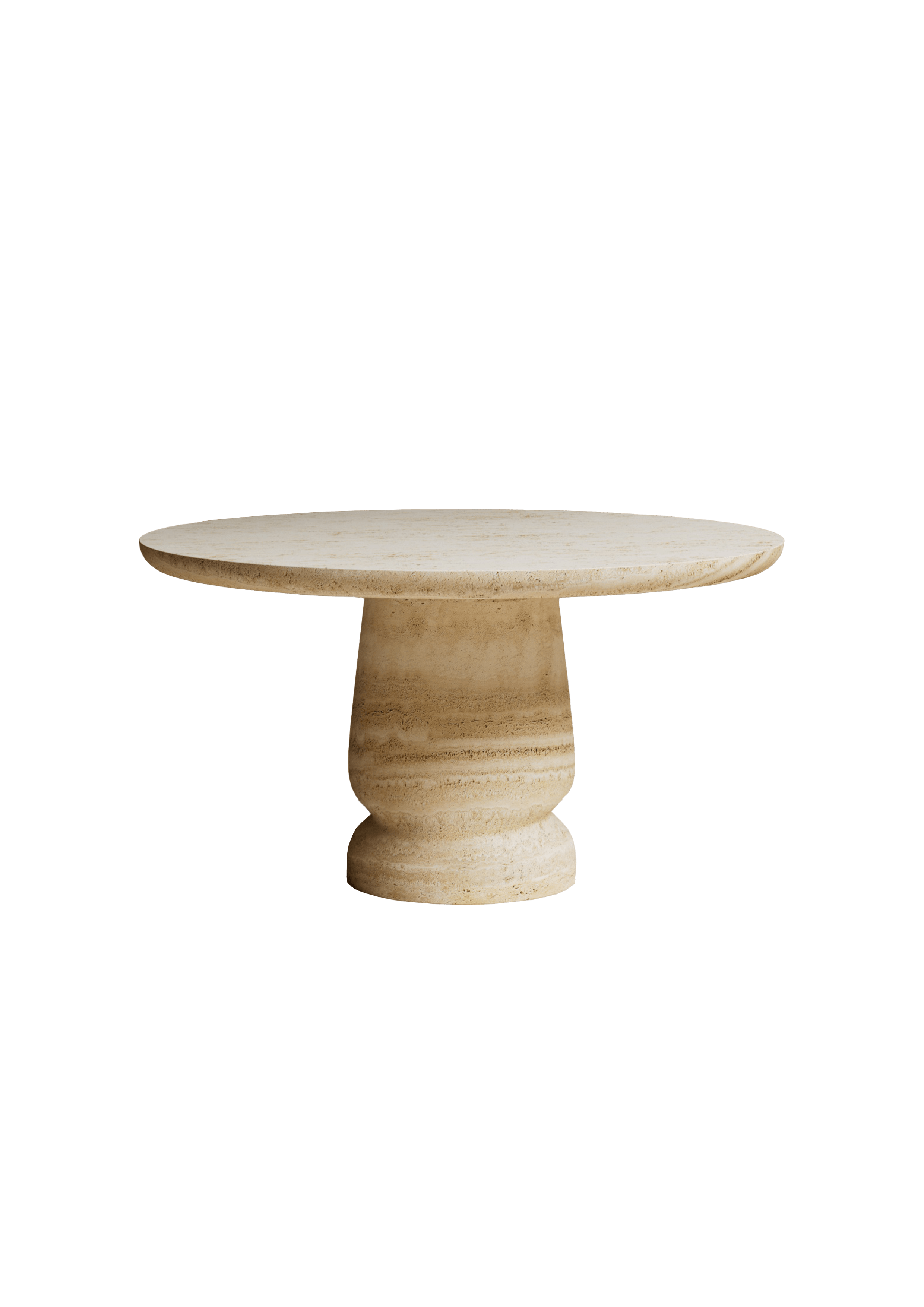 Round travertine dining table with sculpted pedestal, Nubo collection by Mathieu Delacroix