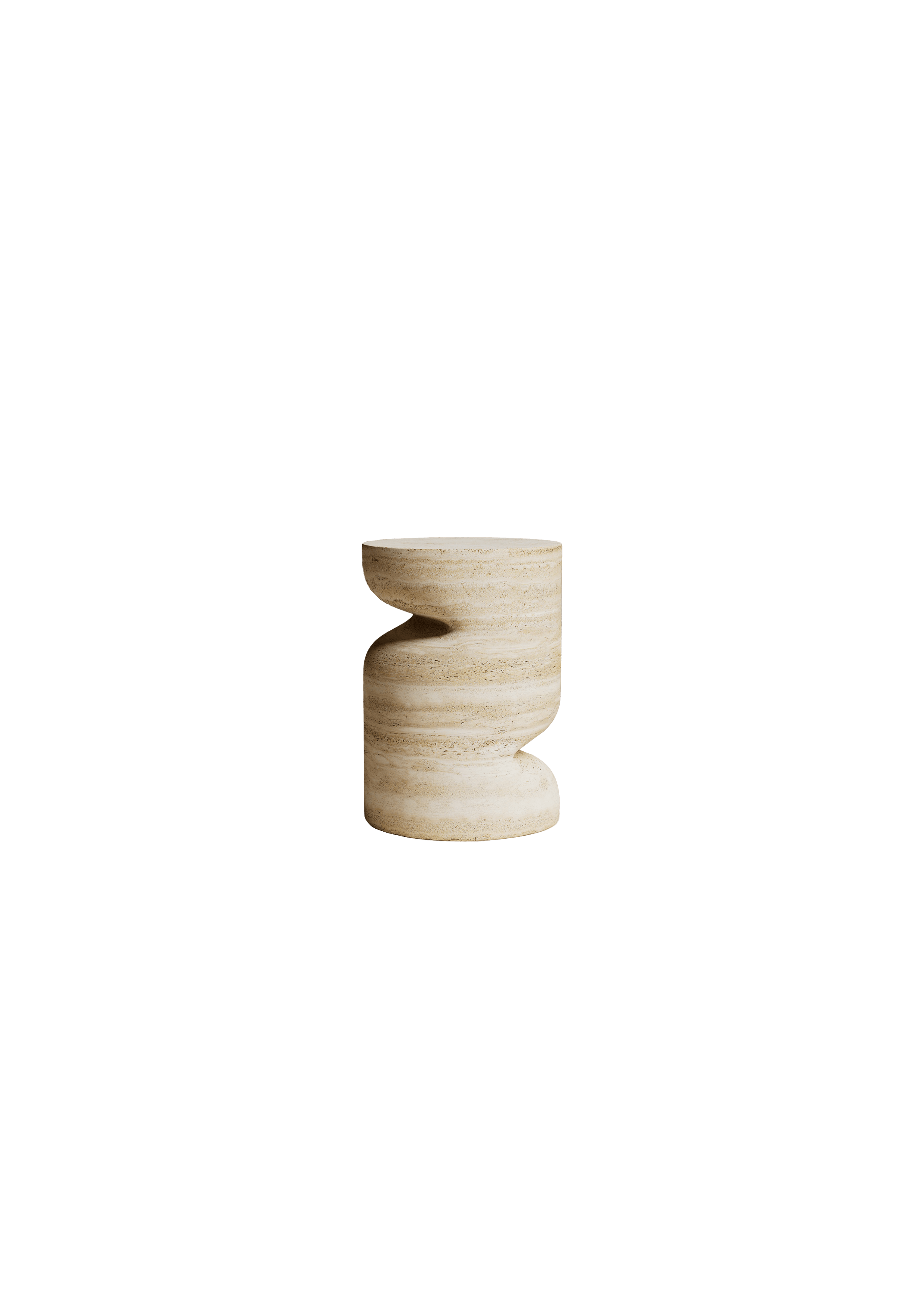 Travertine stool with S-curve cutout, minimalist cylindrical form, Nubo by Mathieu Delacroix
