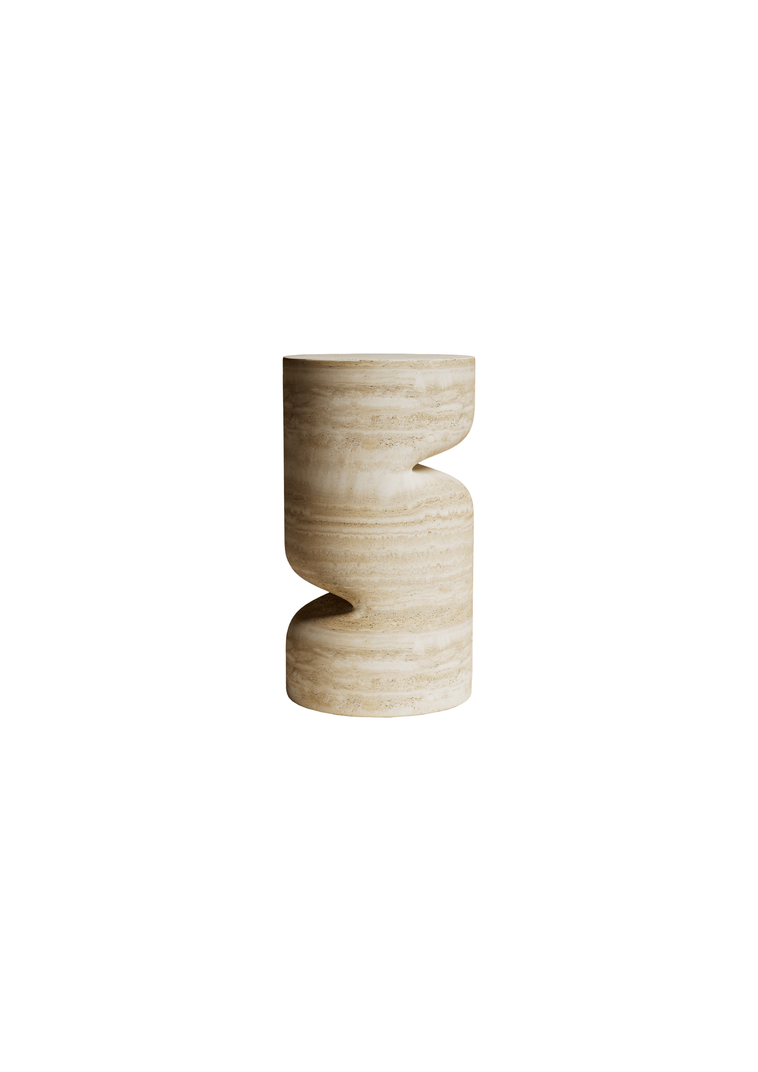 Travertine pedestal with S-shaped cut-out, cylindrical form, Nubo by Mathieu Delacroix