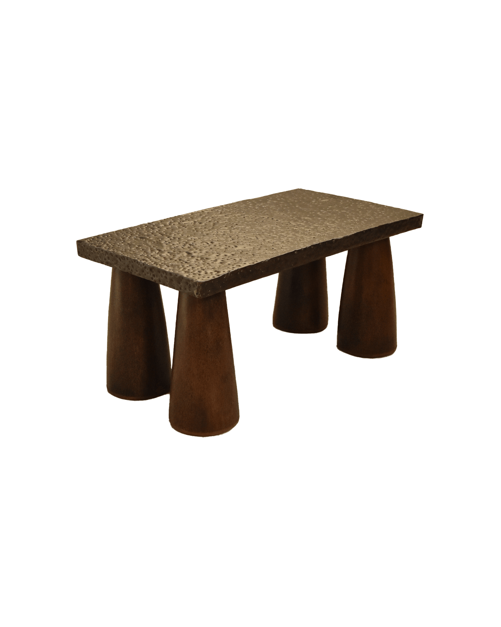 Série Première coffee table with hammered bronze top and dark wood legs, Orbite collection by Altin Studio