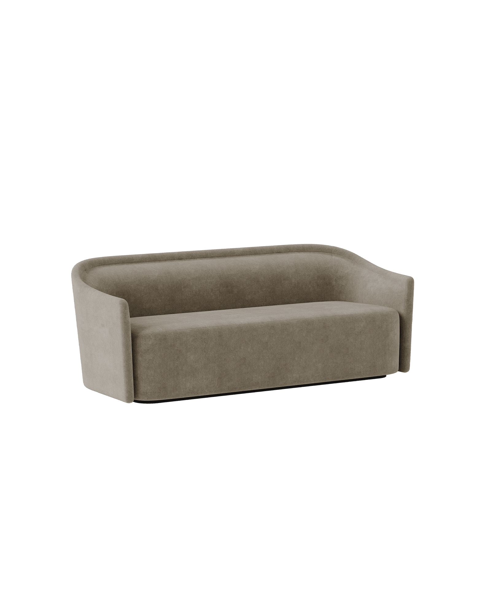 Orso two-seater sofa with curved back and arms in grey-brown textile, Mathieu Delacroix