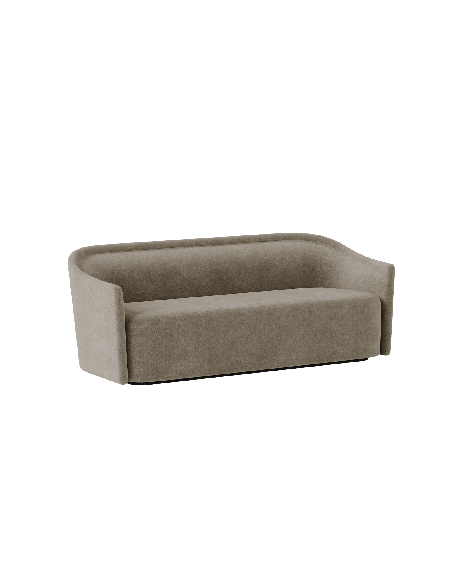 Orso two-seater sofa with curved back and arms in grey-brown textile, Mathieu Delacroix