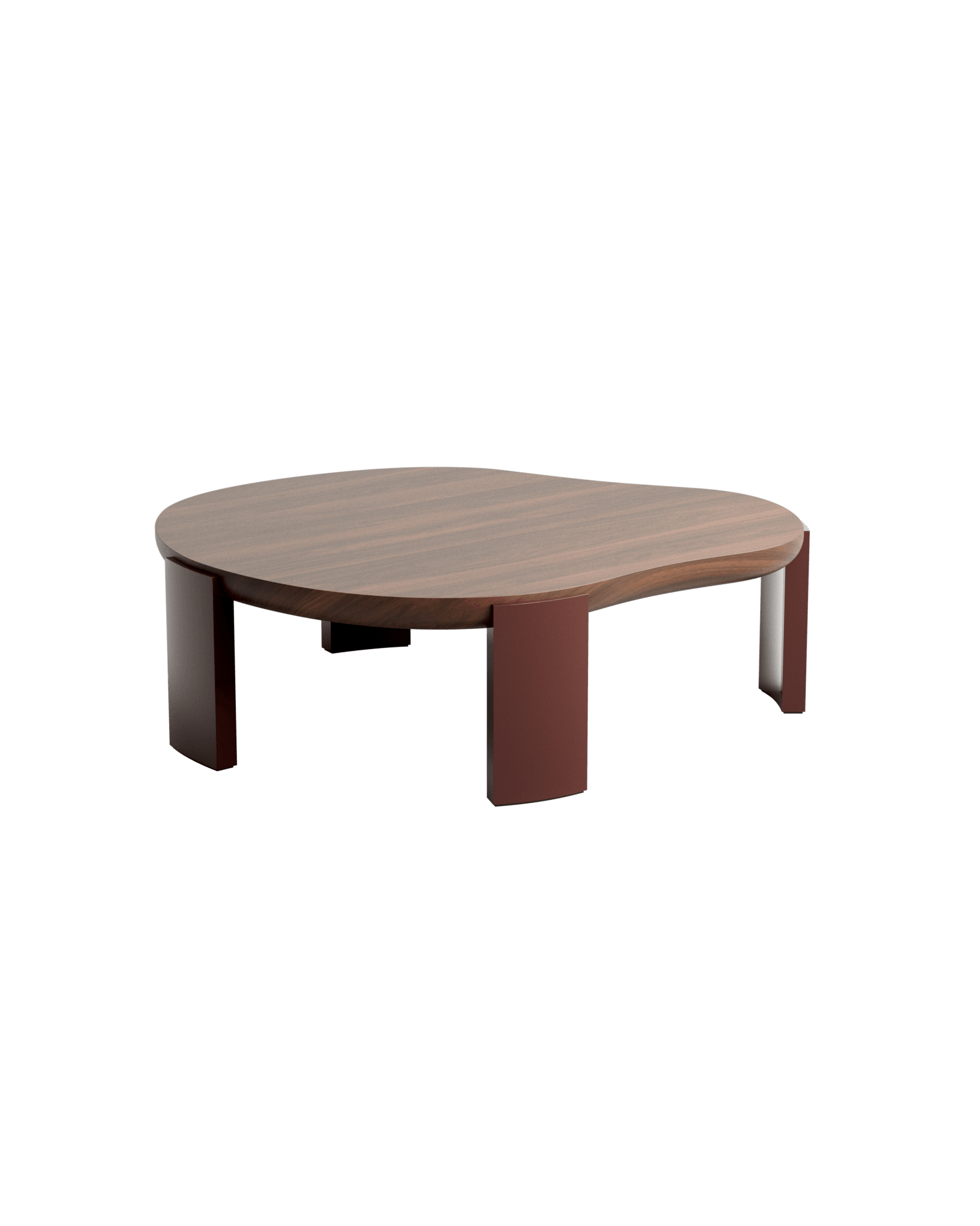 Pear Coffee Table by Veermakers – organic dark wood top, reddish-brown high-gloss lacquered block legs curving inward