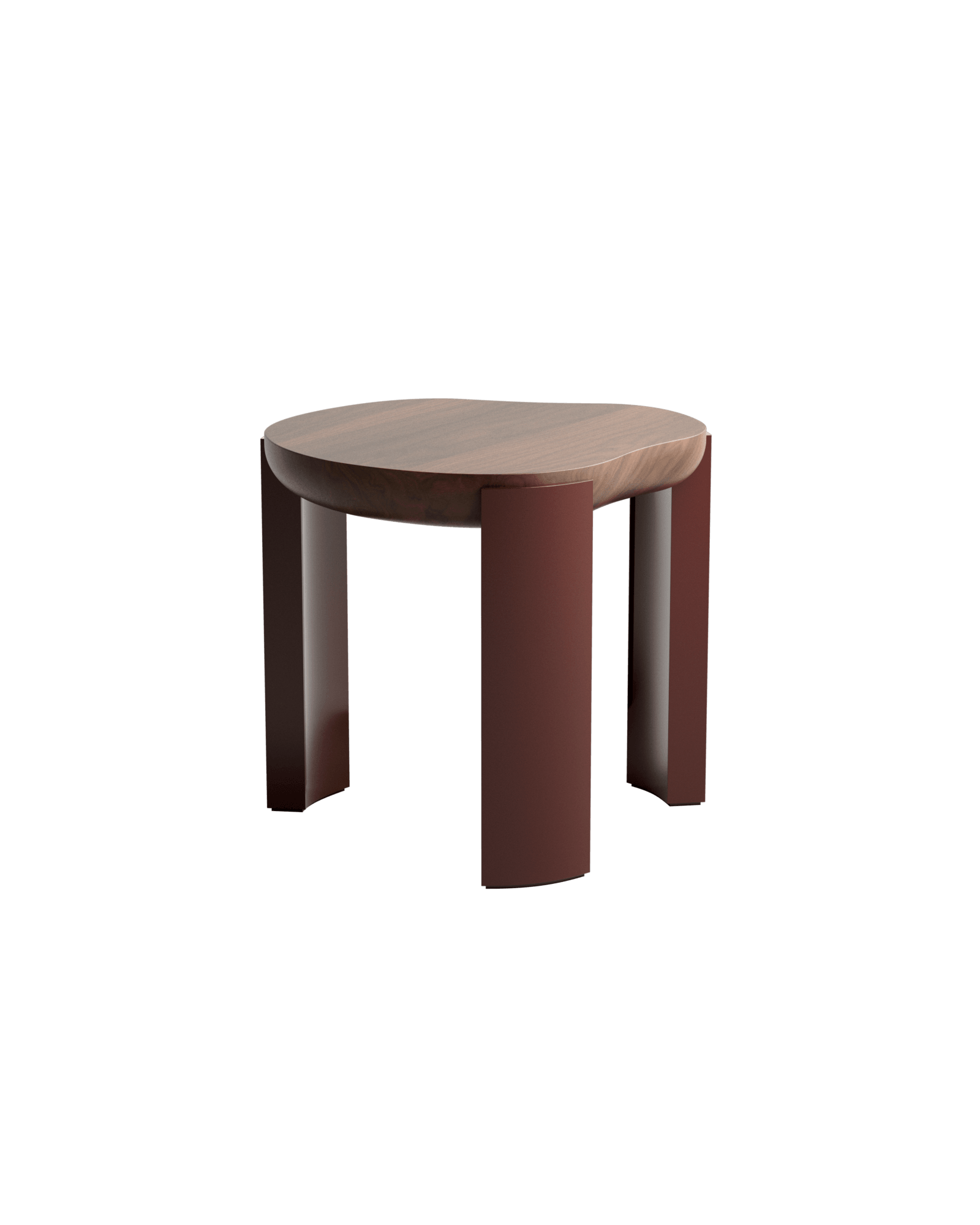 Pear Side Table by Veermakers – organic dark walnut top with reddish-brown matte lacquered metal block legs