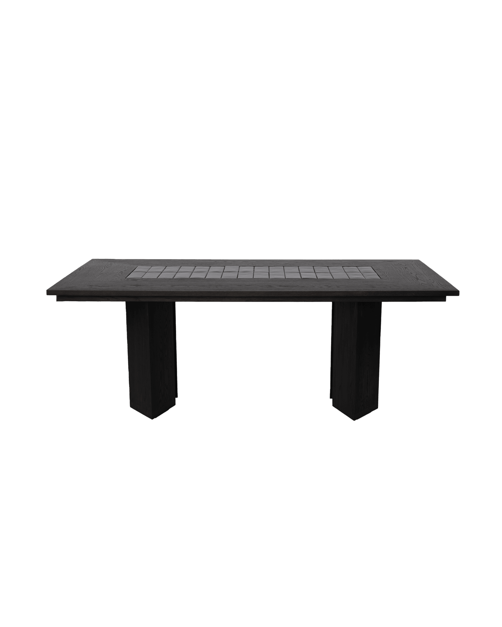 Casa Dining Table Rectangle by Atelier de Troupe - dark wood with central tile inlay strip, twin pedestal bases