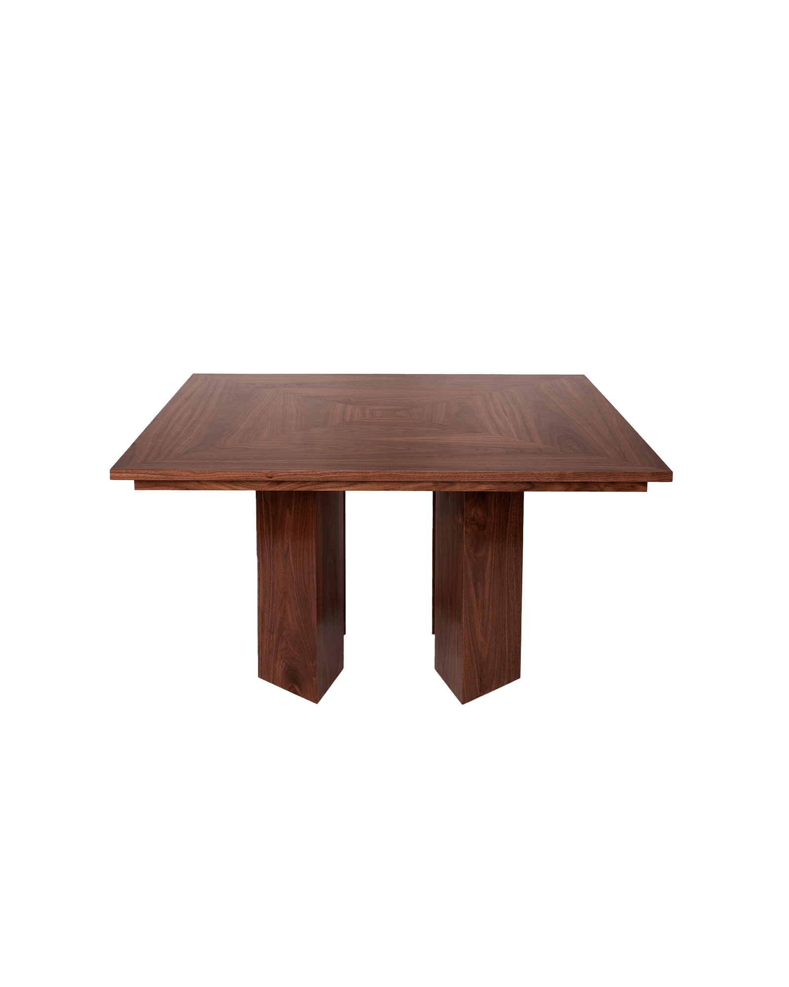 Casa Dining Table Square by Atelier de Troupe - dark reddish-brown wood, stepped edge, twin pedestal bases
