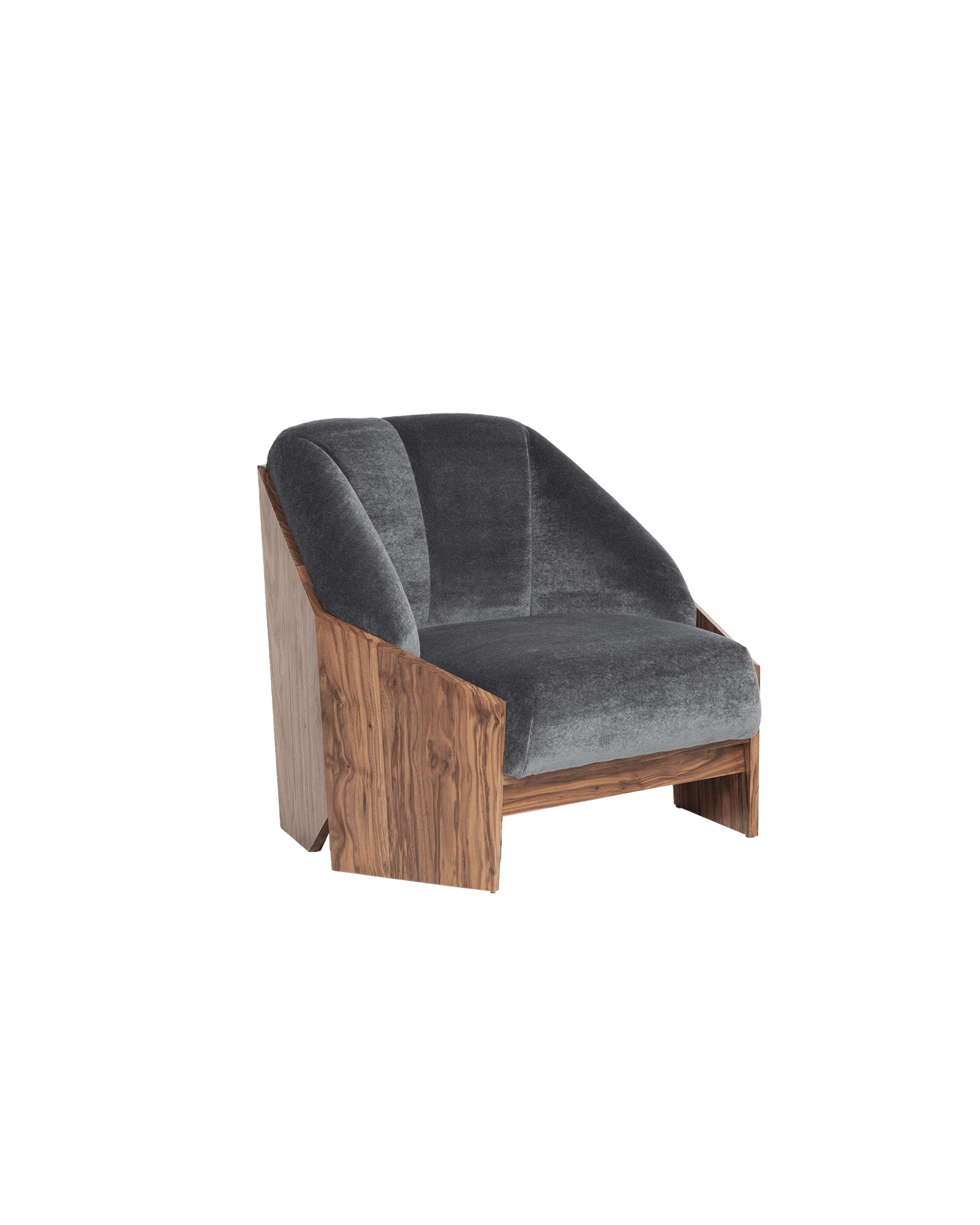 Château Chair by Atelier de Troupe - dark grey velvet channeled backrest, rich brown wood frame, angular form