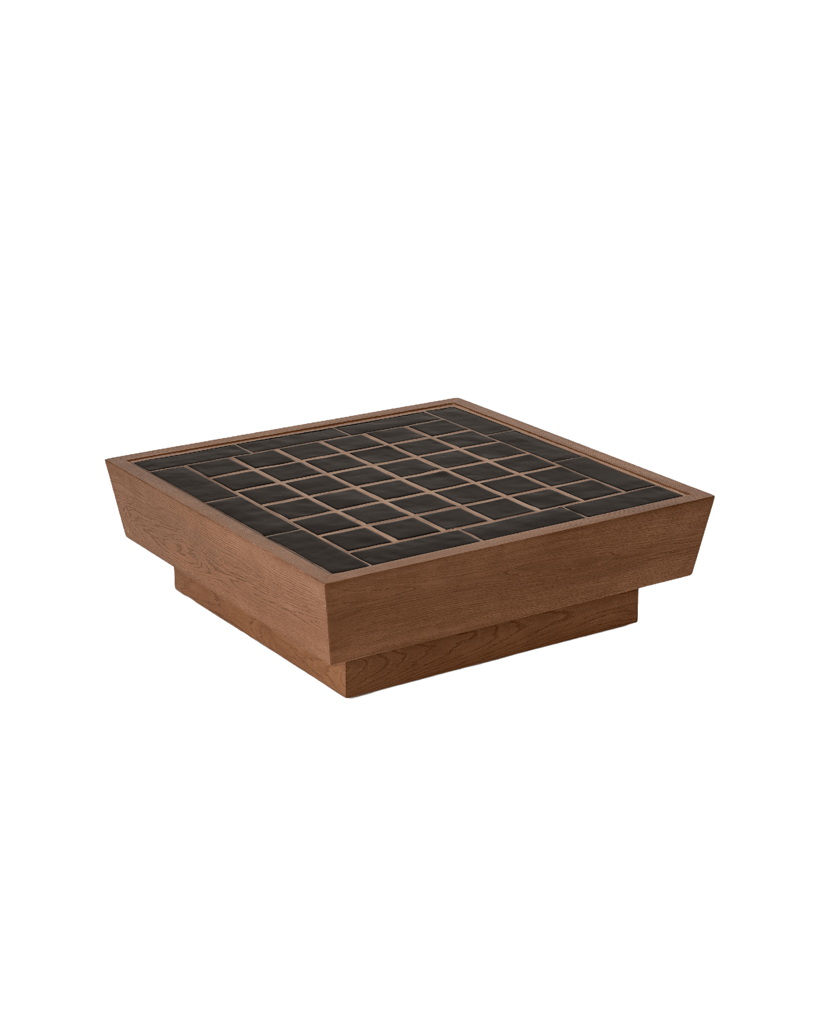 Pedregal Coffee Table by Atelier de Troupe - wood with dark tile inlay grid, stepped base