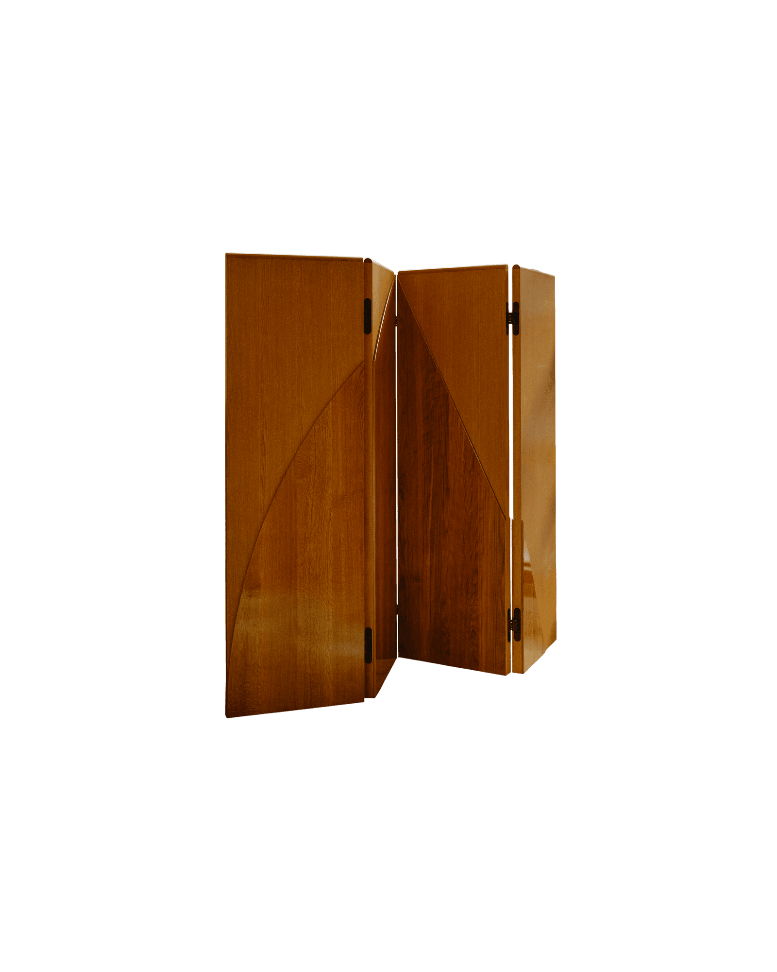 Atlantique Screen by Atelier de Troupe - reddish-brown wood folding screen, curved and diagonal geometric inlay