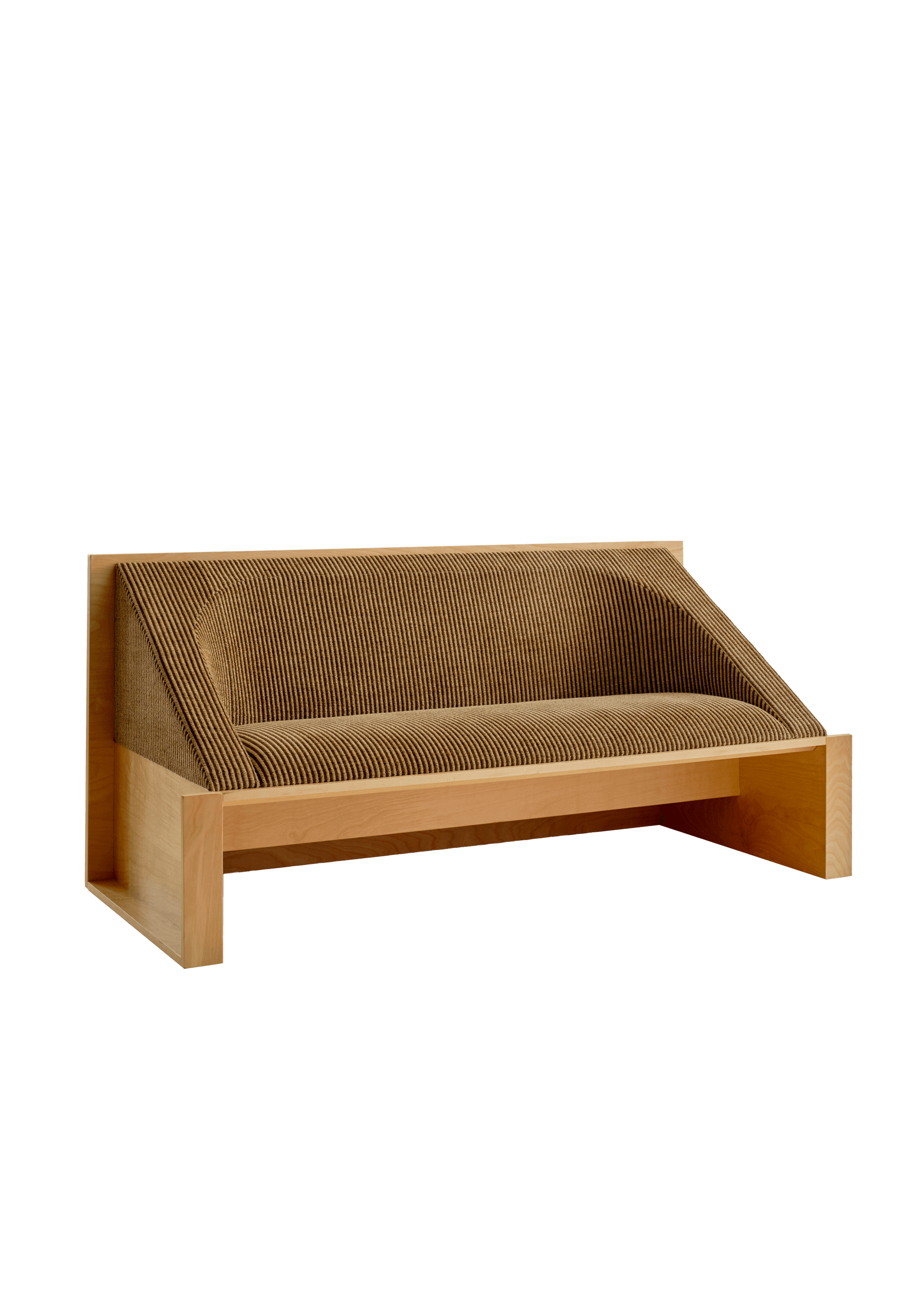 Low-profile maple wood frame sofa with ribbed warm brown continuous upholstery, Perception Sofa by Known Work Studio