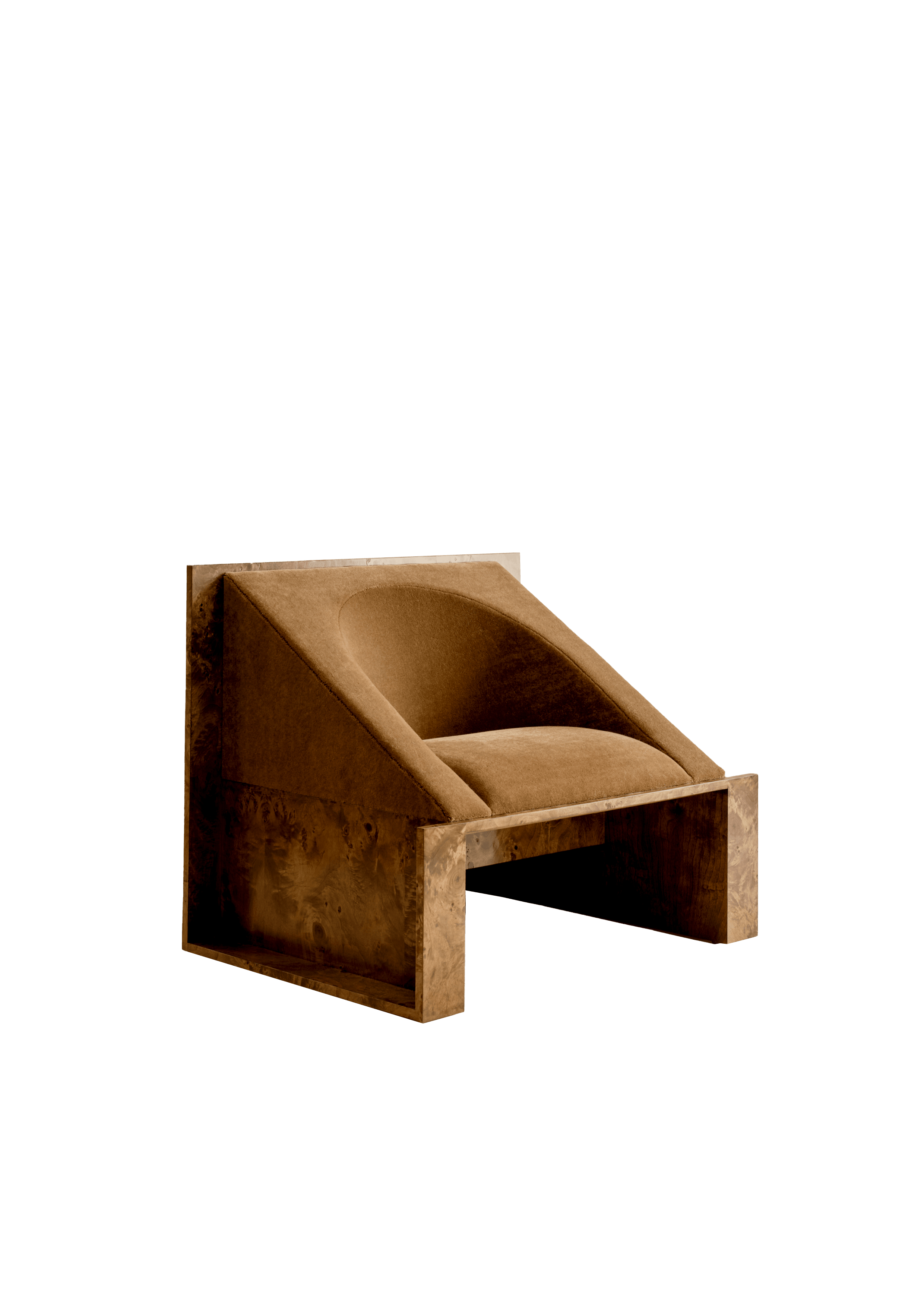 Angular burl wood veneer armchair with warm brown fabric interior, Perception Chair by Known Work Studio
