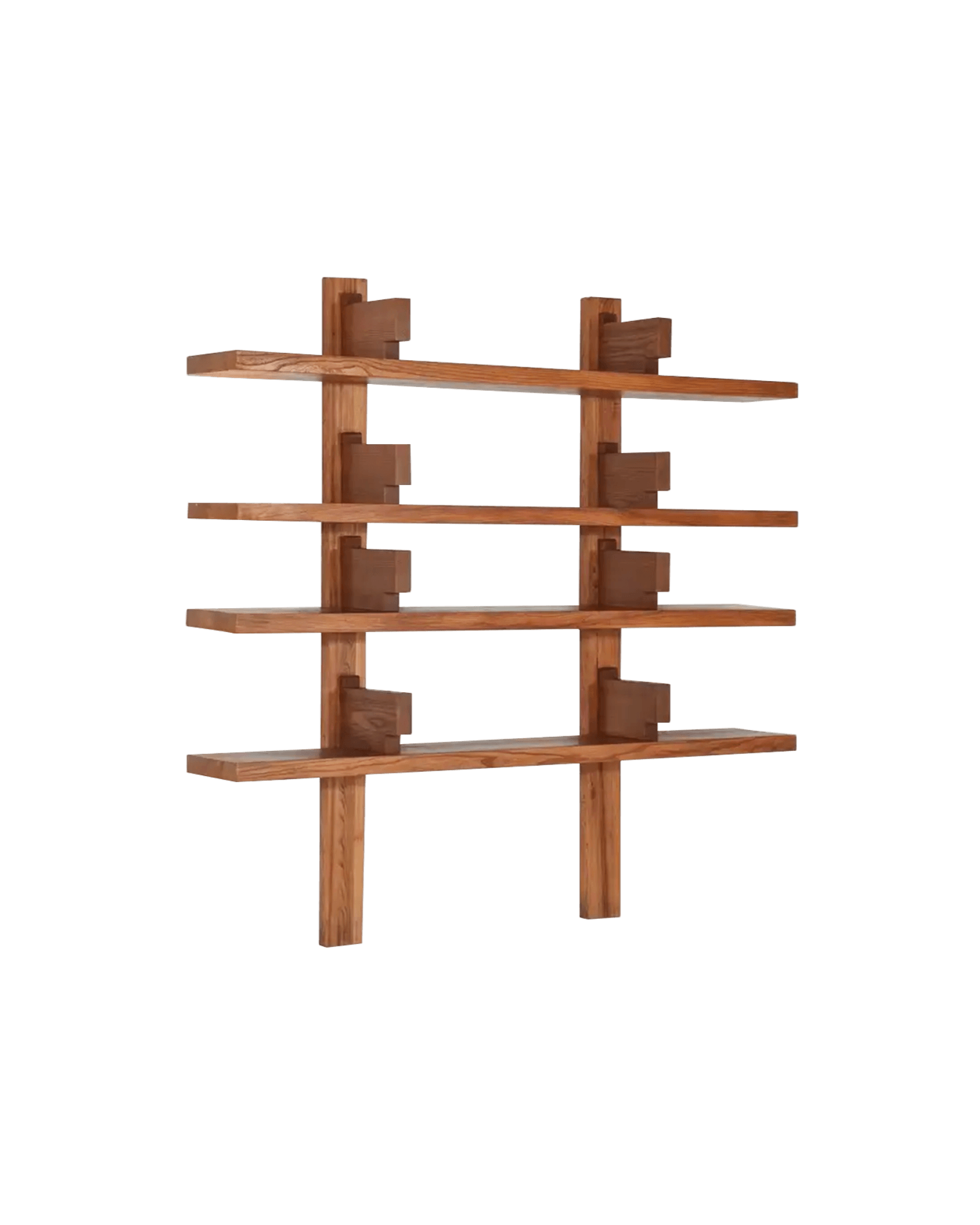 Pierre Chapo B17 bookshelf, wall-mounted oak grid with dark wood interlocking block joinery, four shelves, by Chapo Création